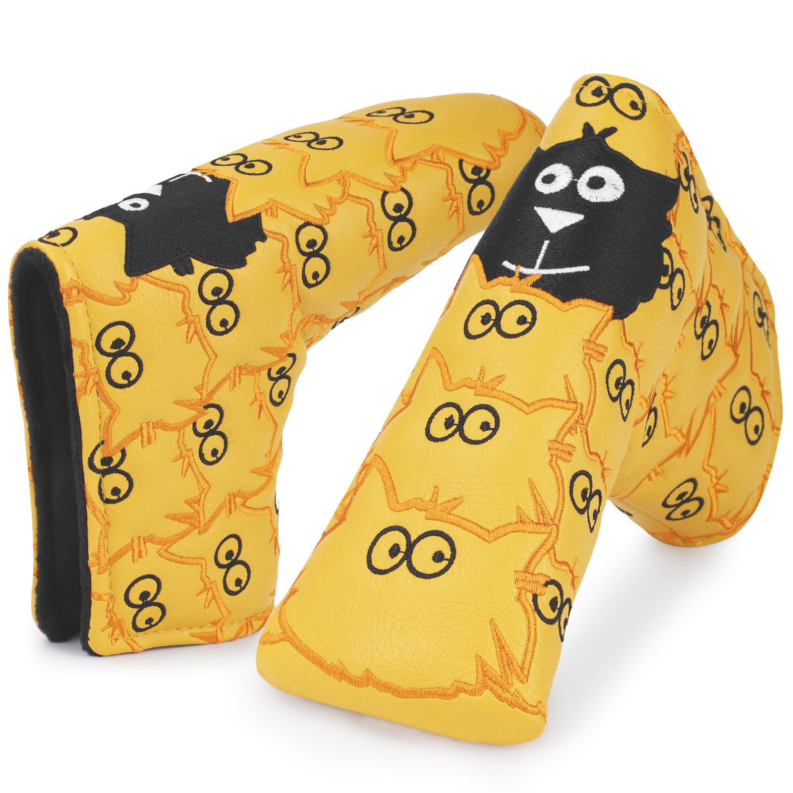 Two yellow covers with repeated cartoon eyes and large black monster faces, shown upright at an angle.