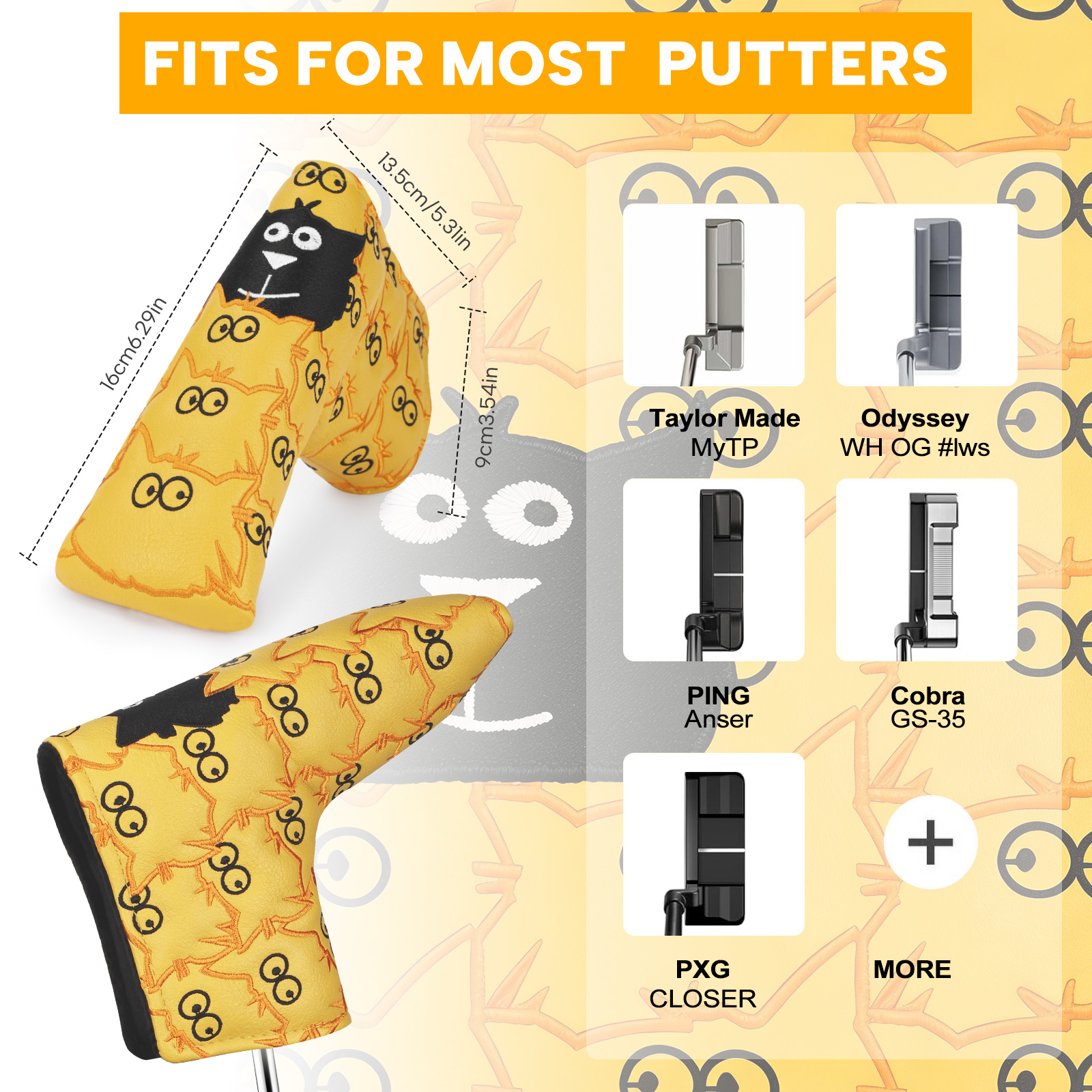 A product graphic pairs yellow monster-print covers with small club silhouettes beneath the visible heading “FITS FOR MOST PUTTERS.”