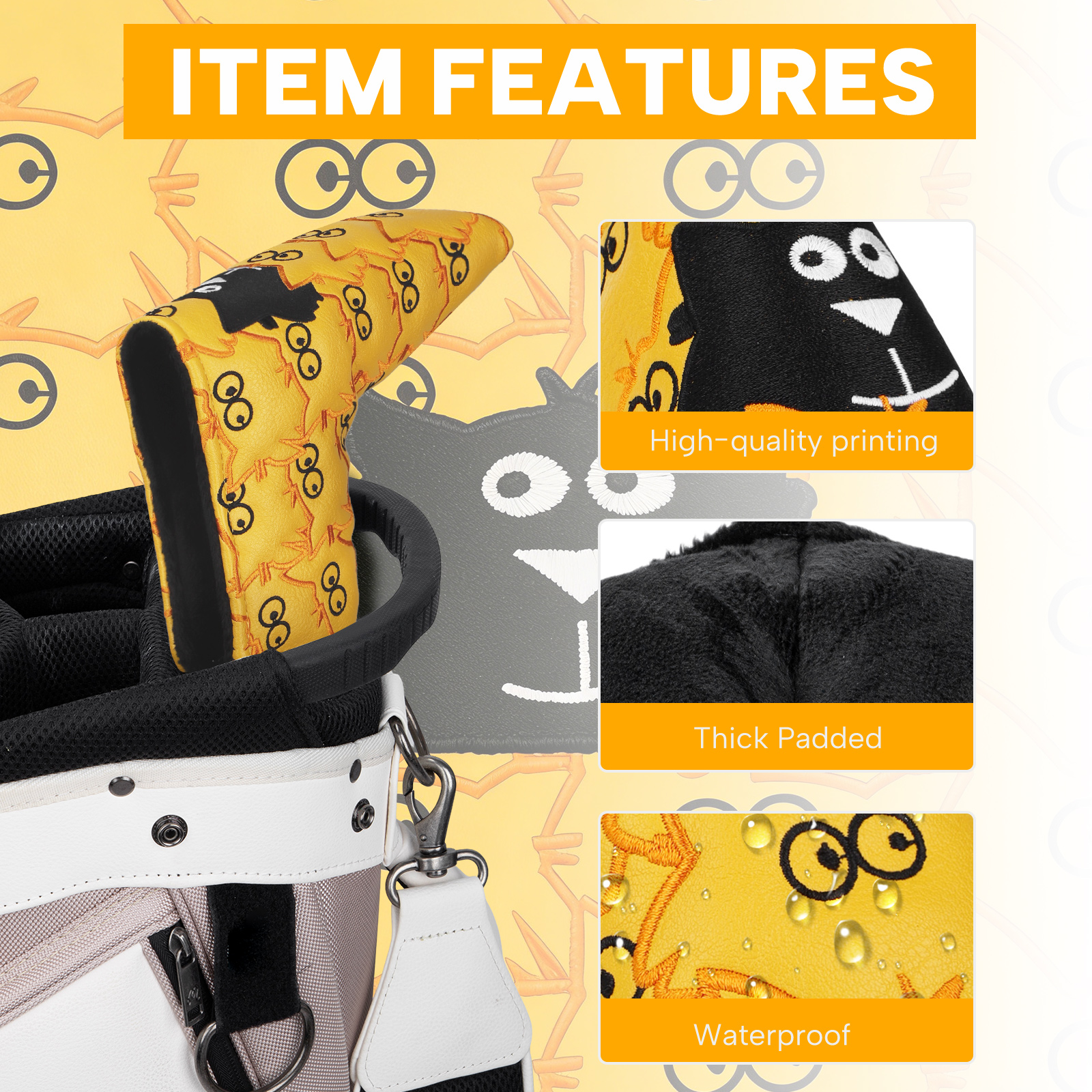 A yellow monster-print cover appears in a feature graphic with circular close-up panels and a visible “ITEM FEATURES” heading.