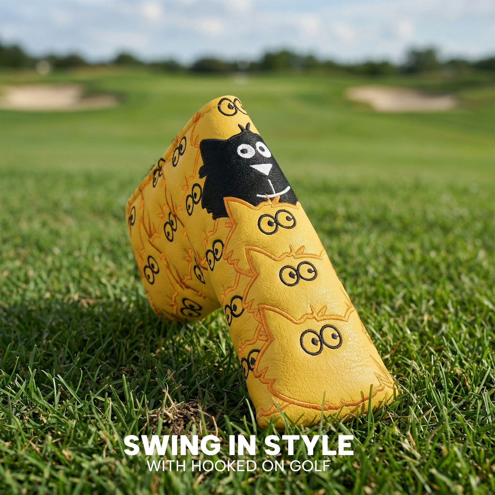 A yellow monster-print cover is shown with a golf club outdoors beneath the visible image text “SWING IN STYLE.”
