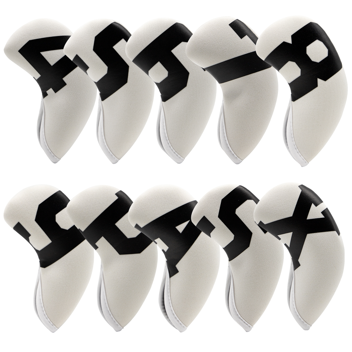 White golf-club covers with large black numerals and letters are arranged in two rows.