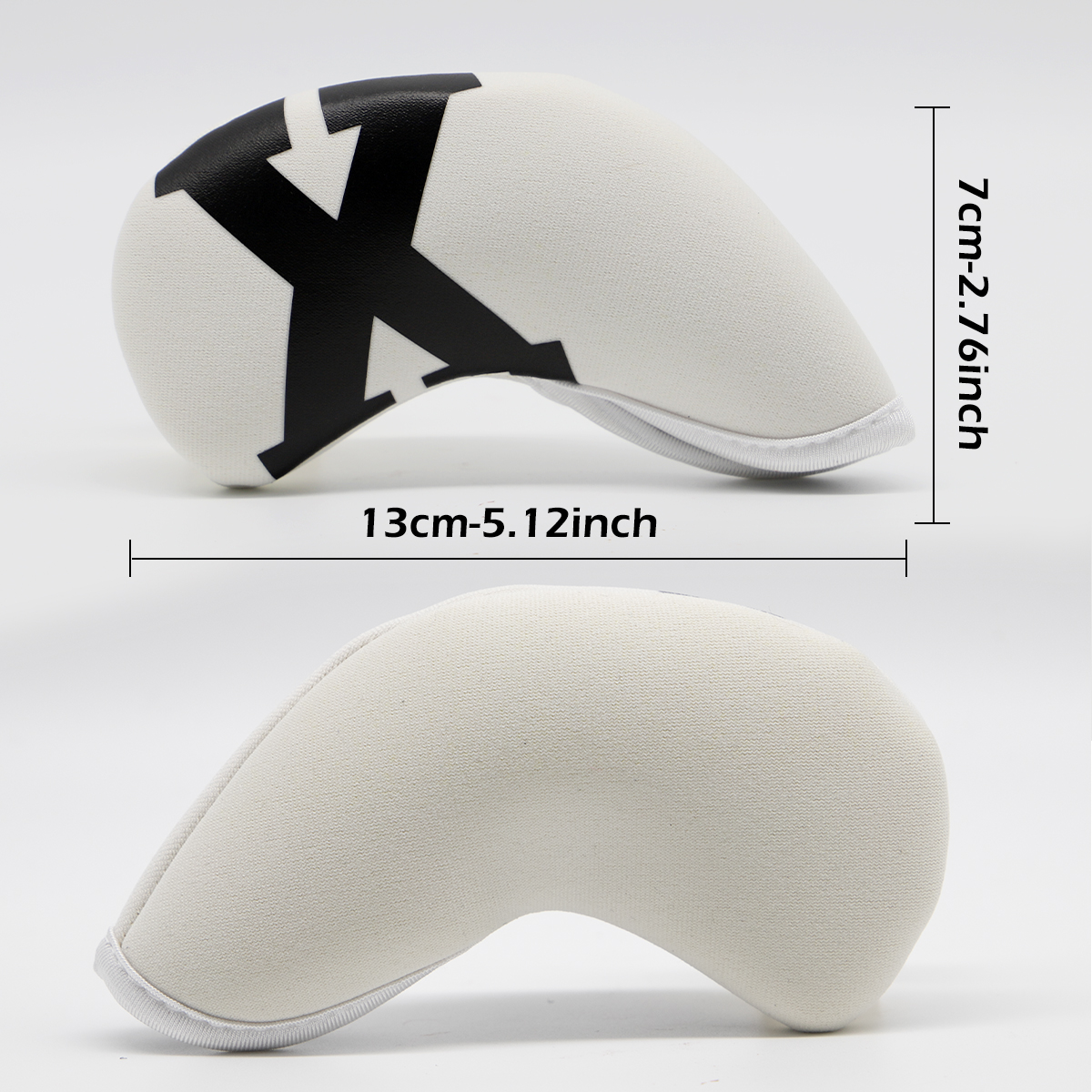 A white cover with a black marking appears beside a side-profile drawing and measurement graphic.