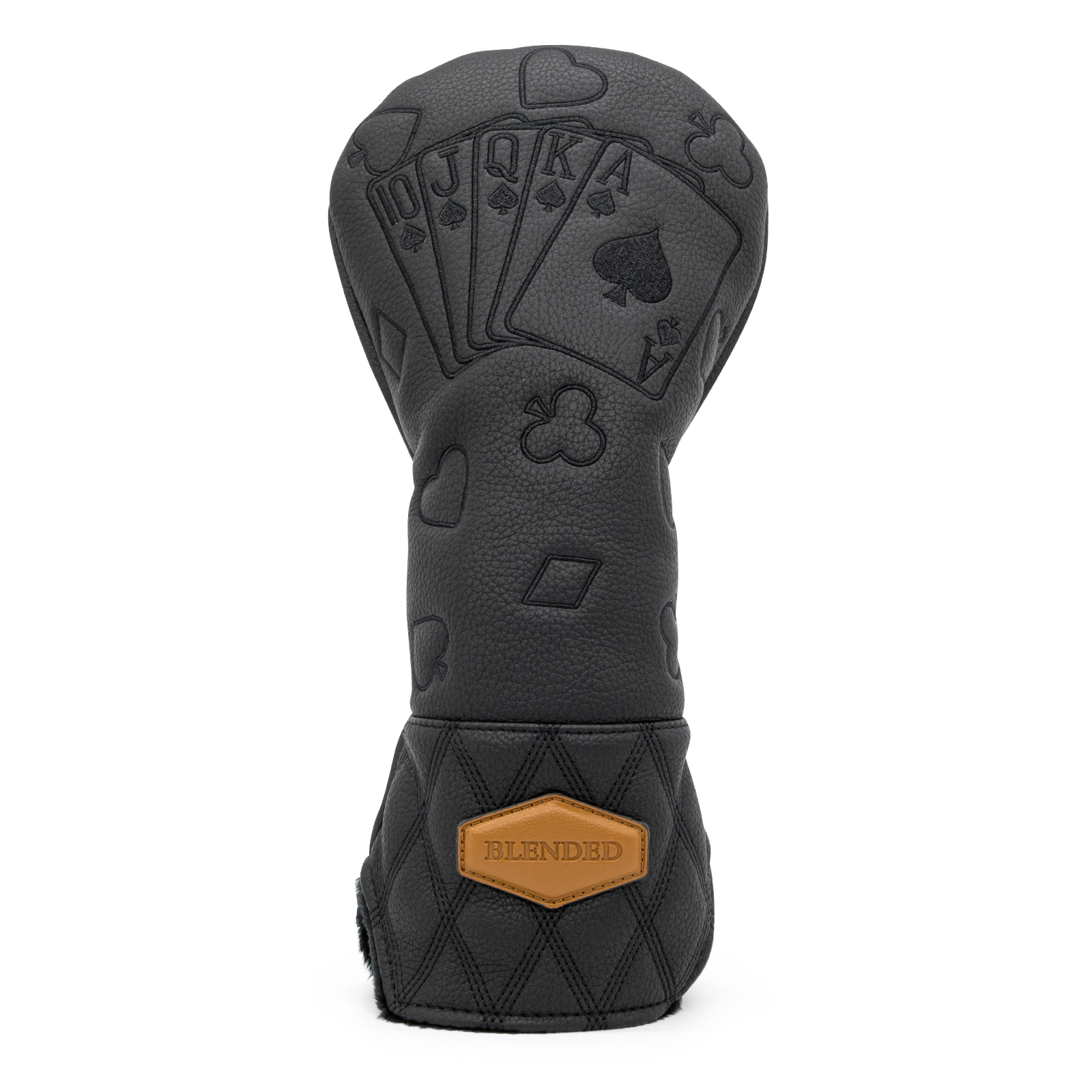 A close view of a black cover with an embossed fan of playing cards, suit symbols, and an orange badge.