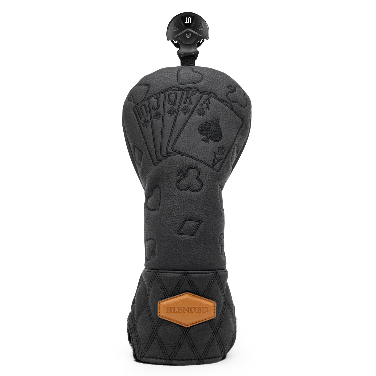 A front view of a black playing-card cover with embossed suit symbols and an orange badge.