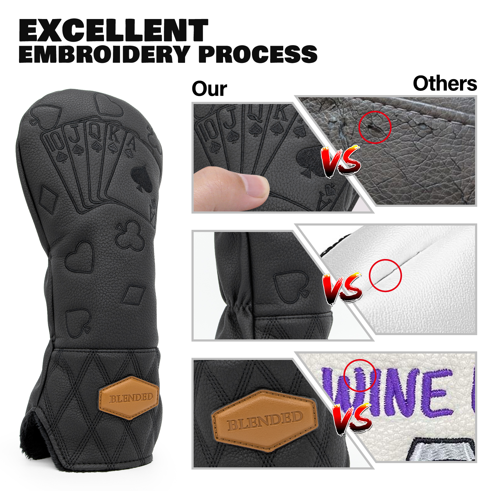 A comparison graphic shows a black cover, three close-up panels, and the visible heading “EXCELLENT EMBROIDERY PROCESS.”