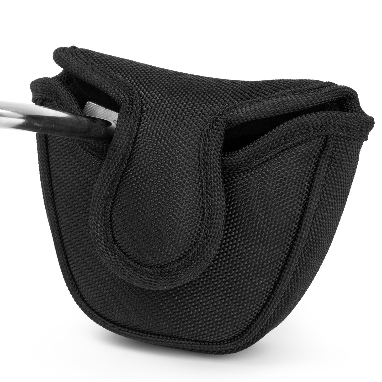 A black square cover is viewed from the back, showing its broad fastening flap and gathered opening.