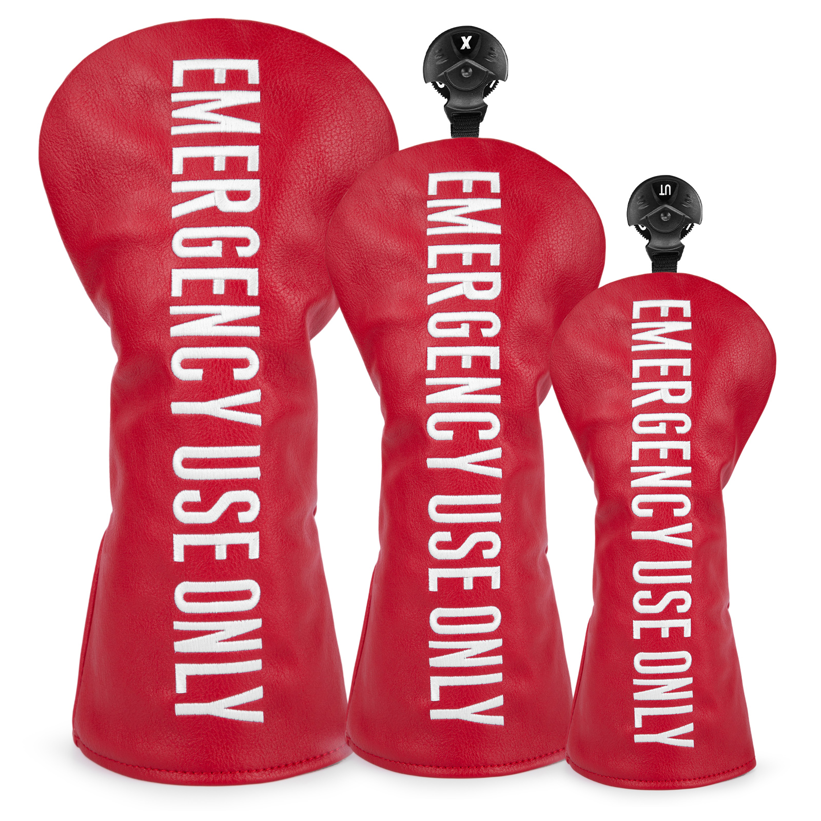 Three red covers with long white lettering reading “EMERGENCY USE ONLY,” shown upright in different sizes.