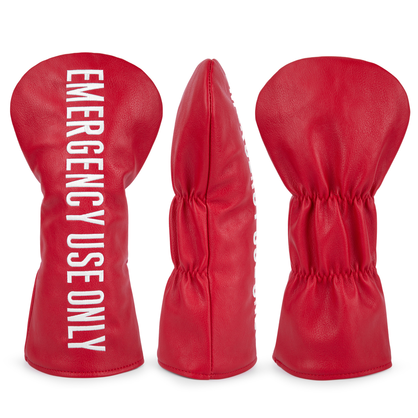 Front and reverse views of a red cover show the white “EMERGENCY USE ONLY” text and a gathered back panel.