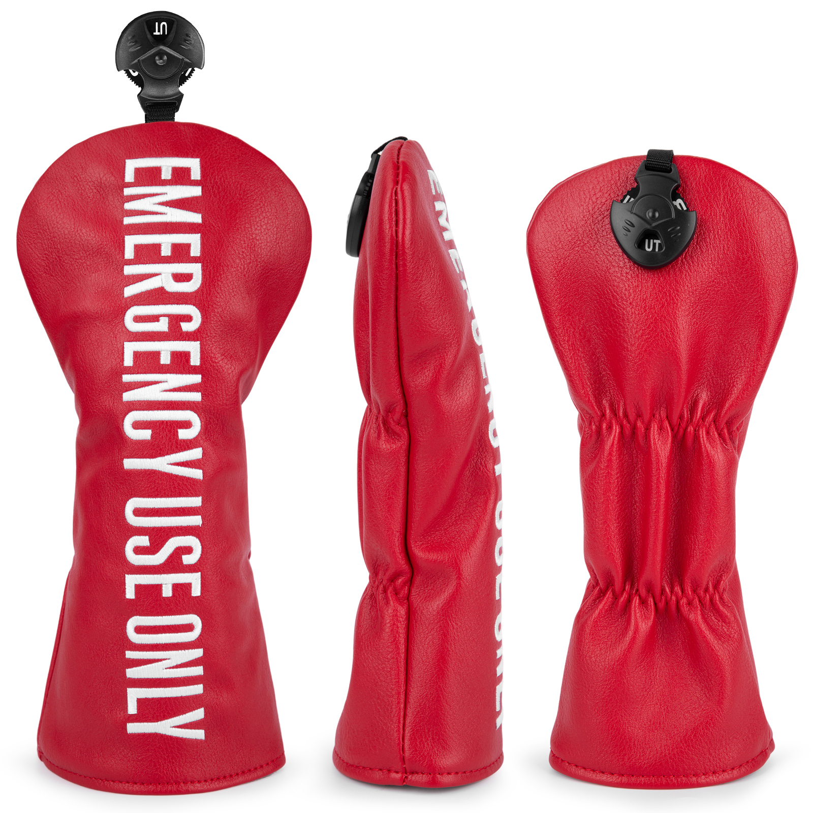 A red cover with large white “EMERGENCY USE ONLY” lettering appears beside a side view and gathered reverse.