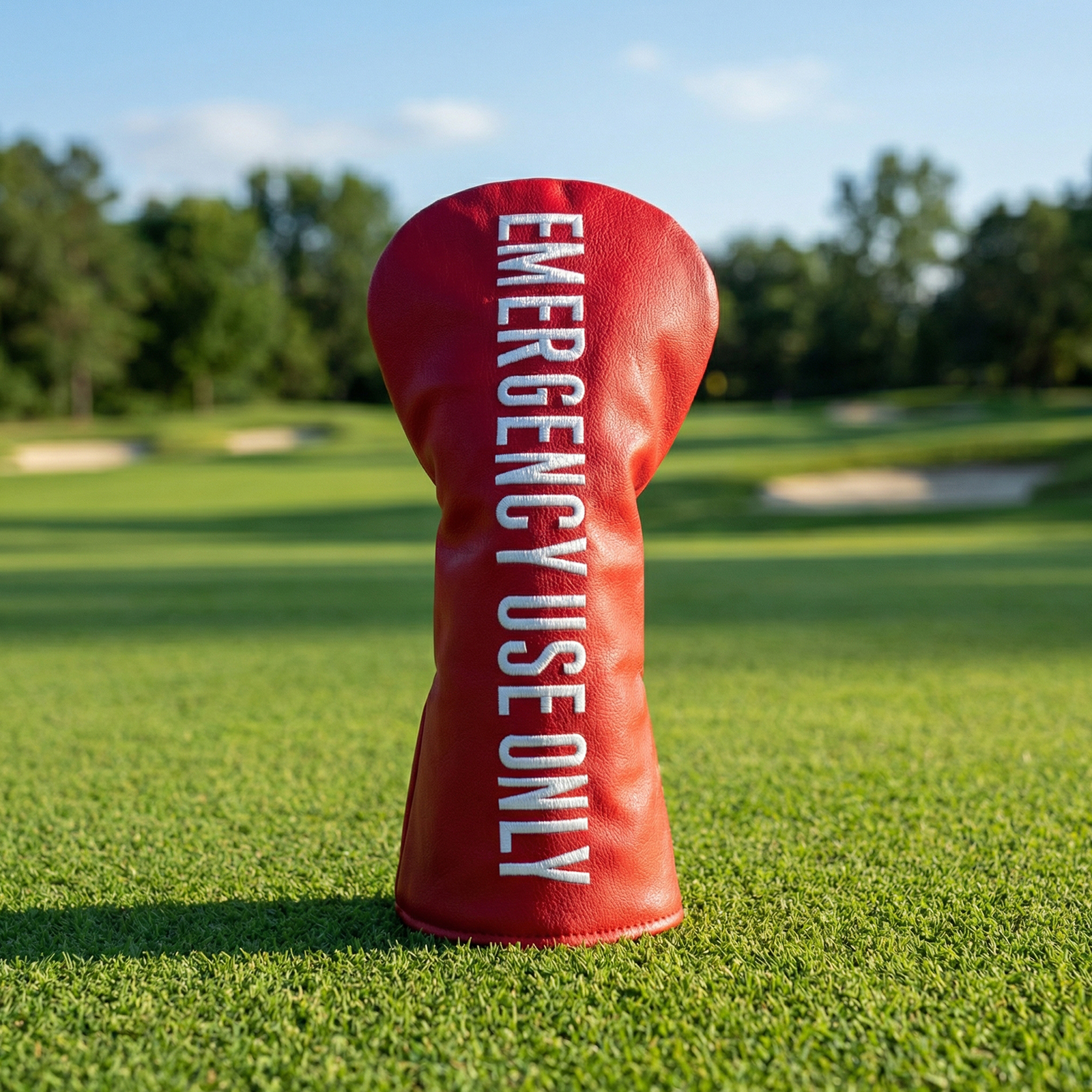 A single red cover with white “EMERGENCY USE ONLY” lettering stands on a green golf course.