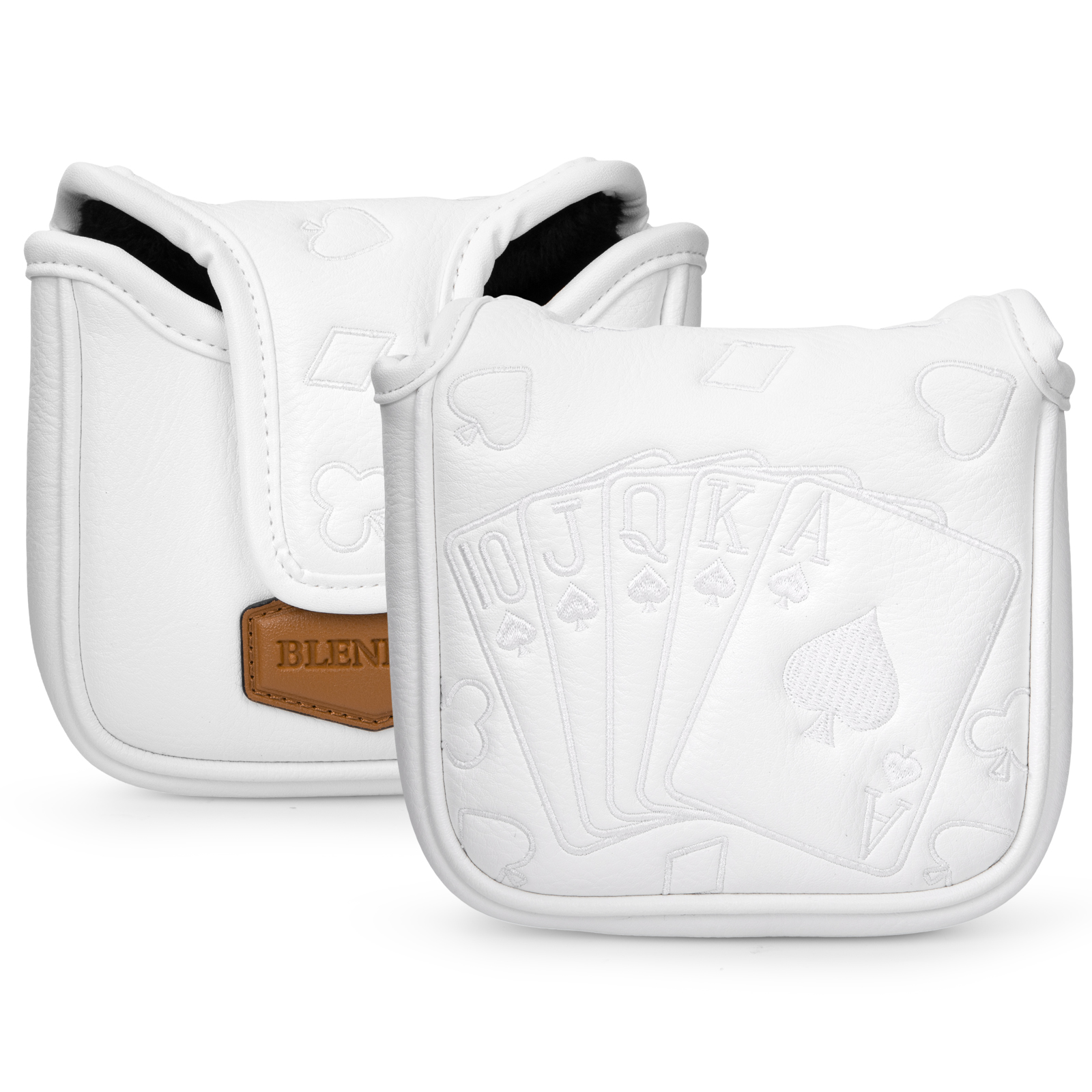 Two white square covers shown from front and back, with raised playing-card motifs and brown patches.
