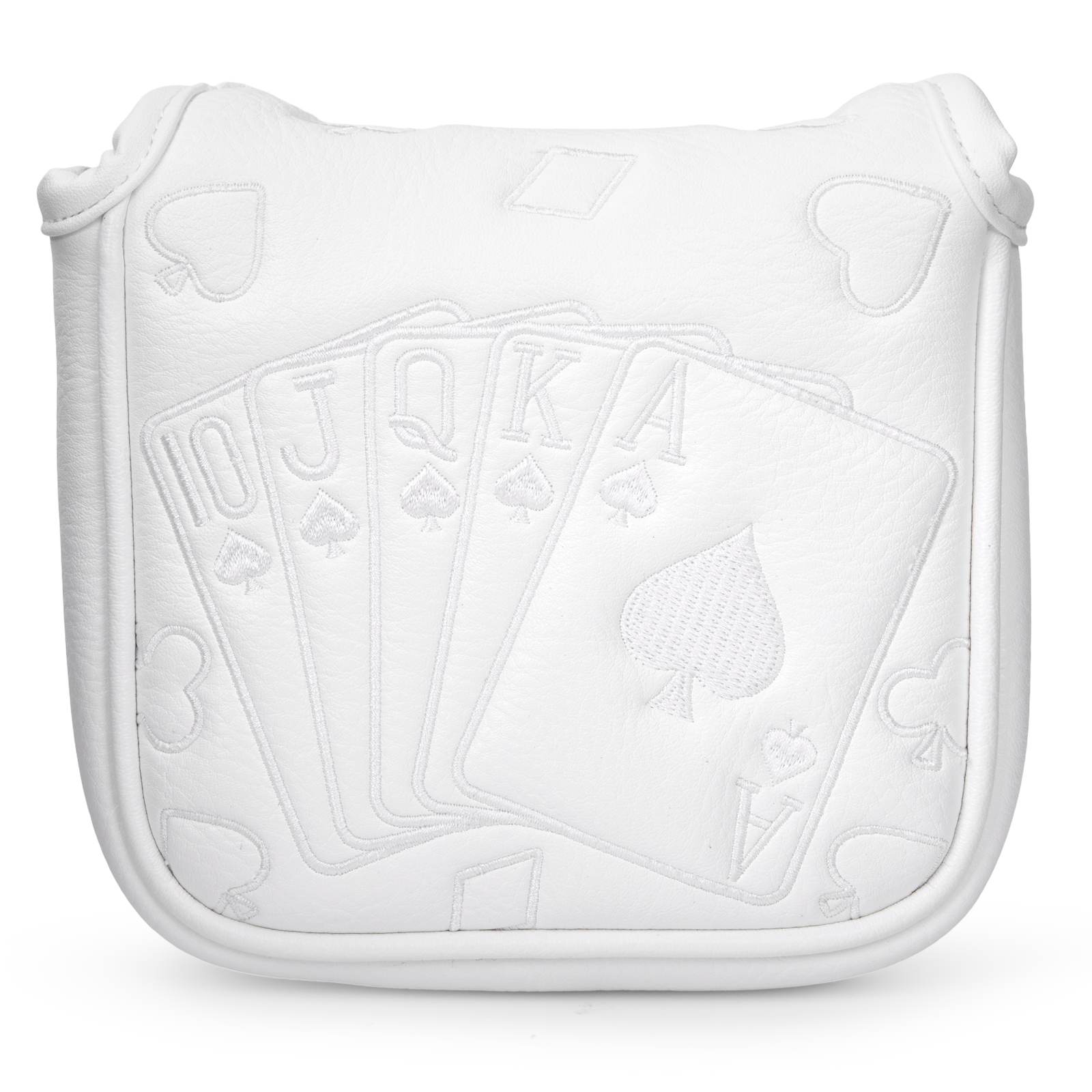 A white square cover fills the frame, showing an embossed fan of playing cards and suit symbols.