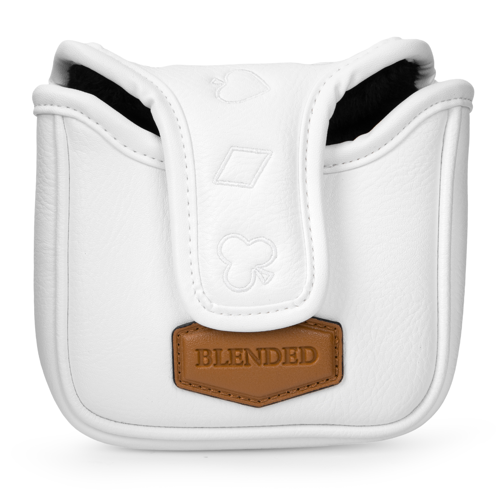A front-facing white cover has raised card-suit shapes and a brown patch marked “BLENDED.”