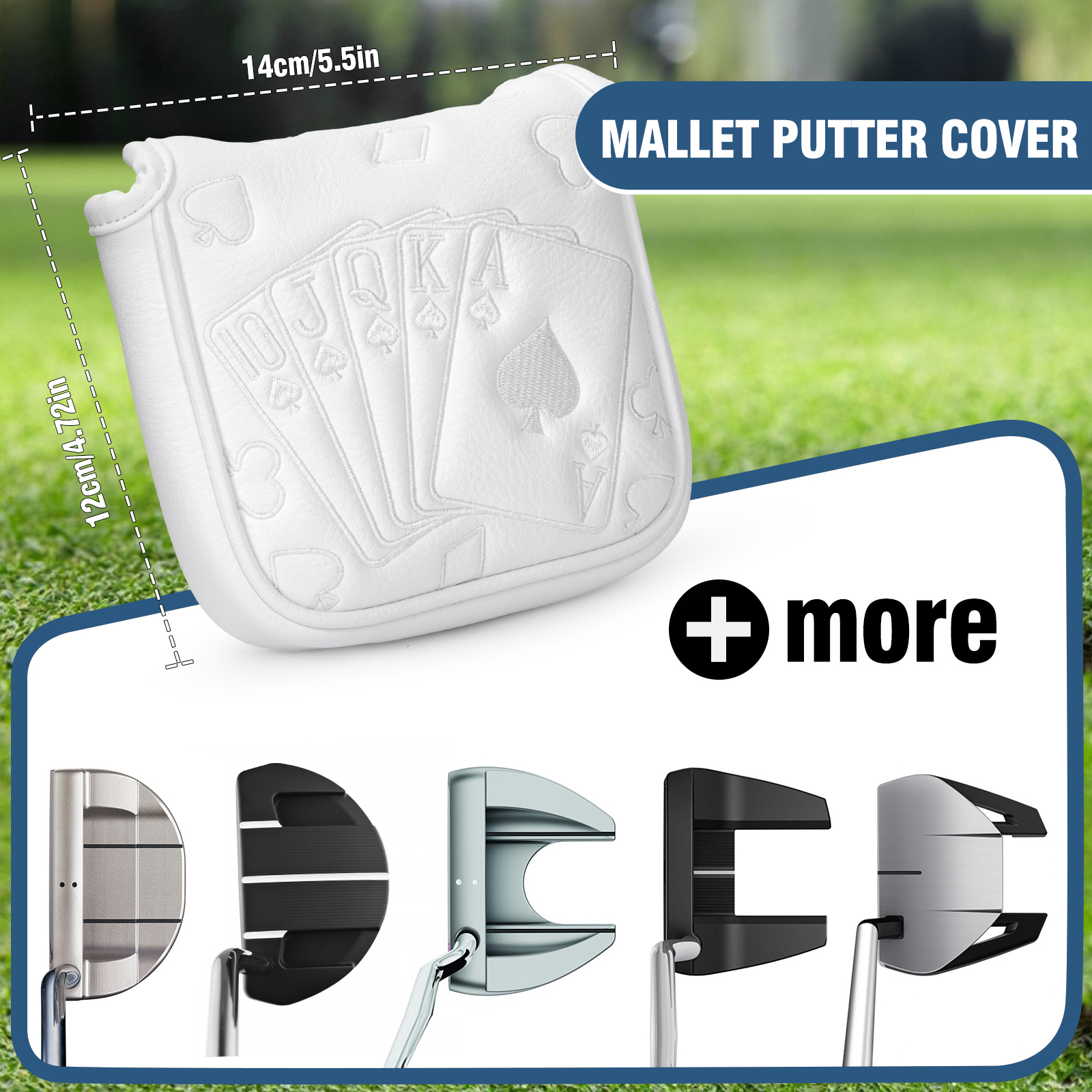A product graphic shows the white card-patterned cover beside small black silhouettes under the visible heading “MALLET PUTTER COVER.”