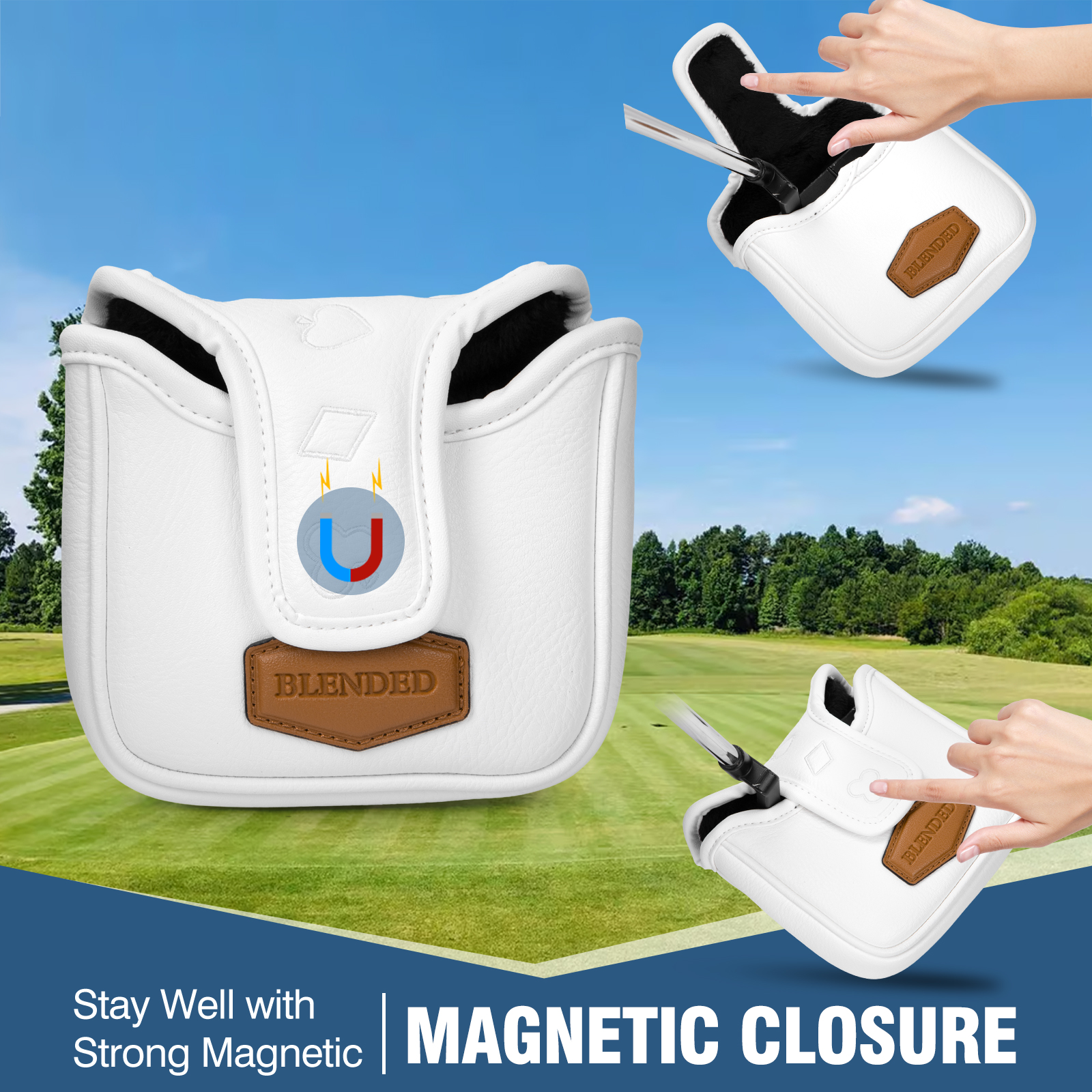 A graphic shows the white cover in two hand-held views, with the visible caption “MAGNETIC CLOSURE.”