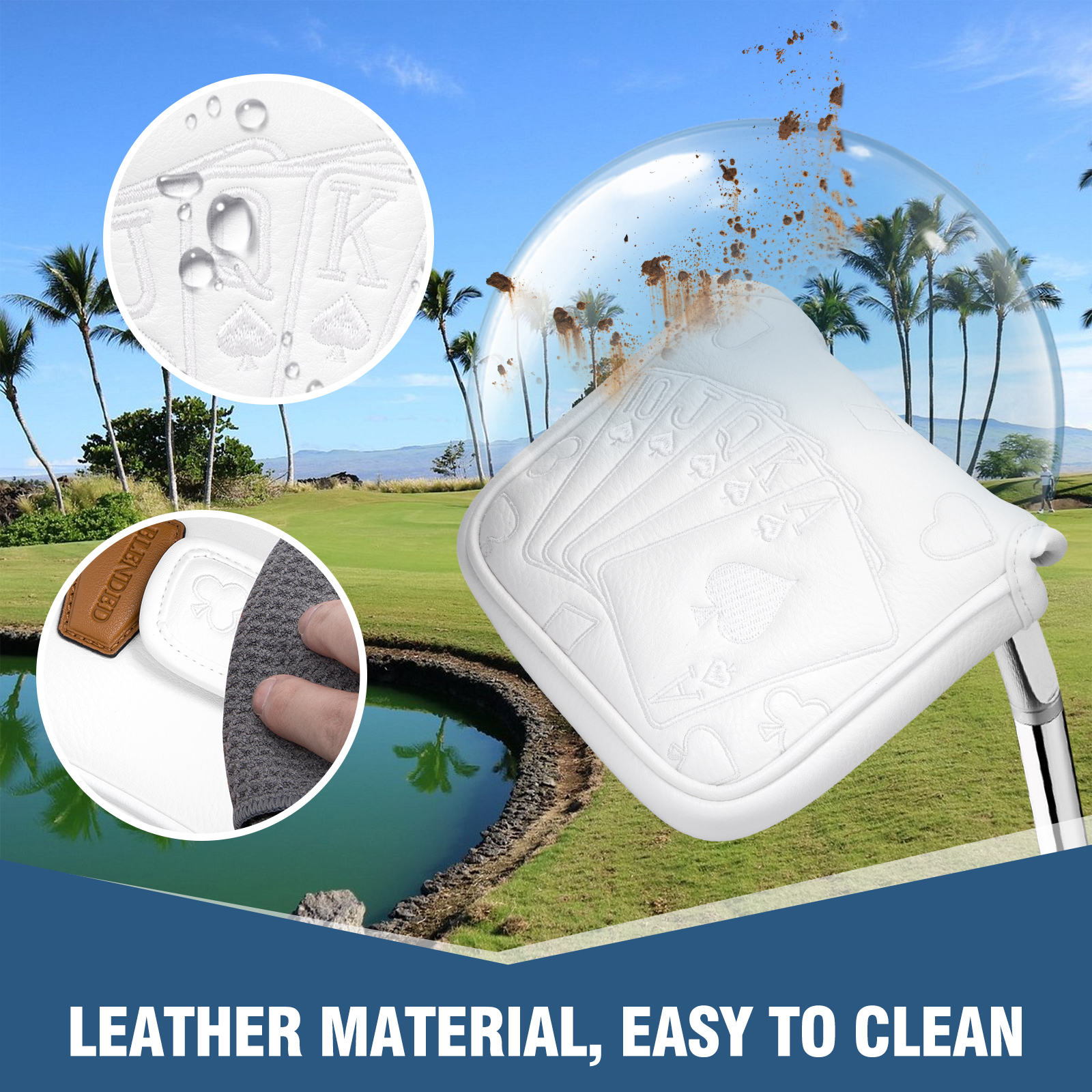 A white card-patterned cover appears over a tropical golf-course background with two circular detail insets.