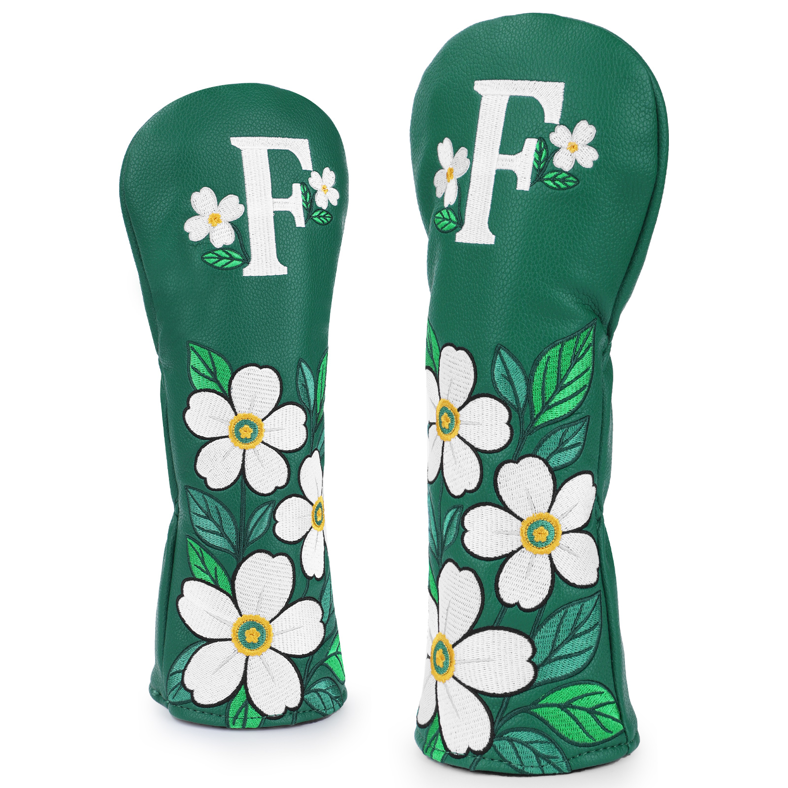Two green floral covers shown upright with large white “F” markings.