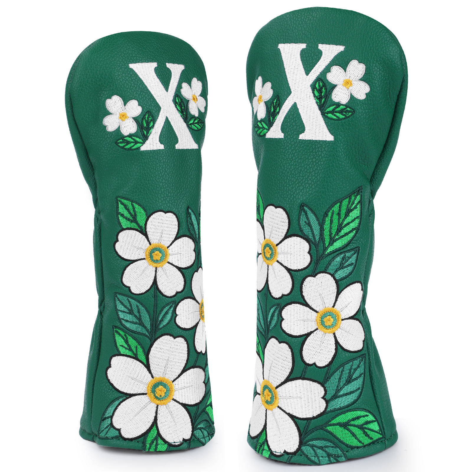Two green covers with white “X” markings, daisy graphics, and leafy patterns.