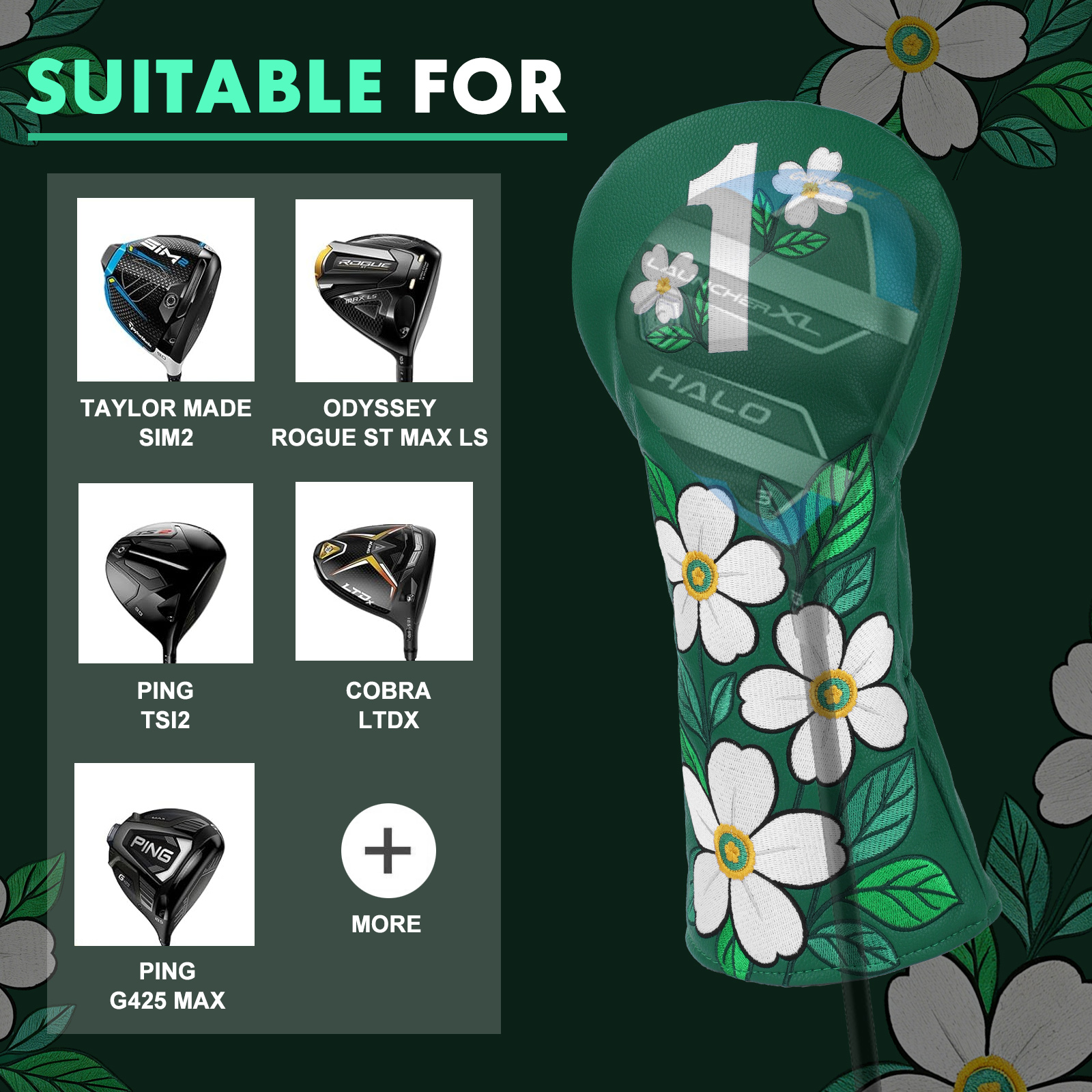 A product graphic pairs a green floral cover with a column of small club illustrations and the visible heading “SUITABLE FOR.”