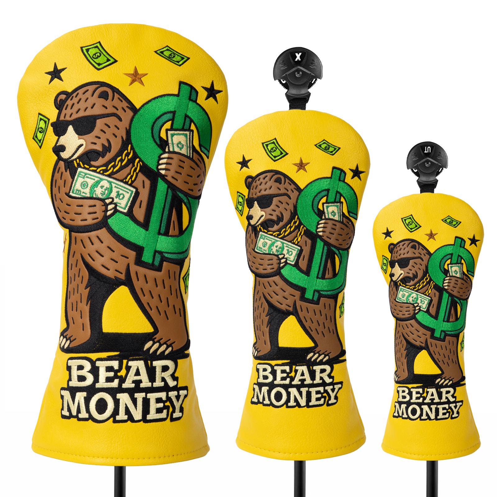 Three yellow covers show a cartoon bear with green money motifs and the visible words “BEAR MONEY.”