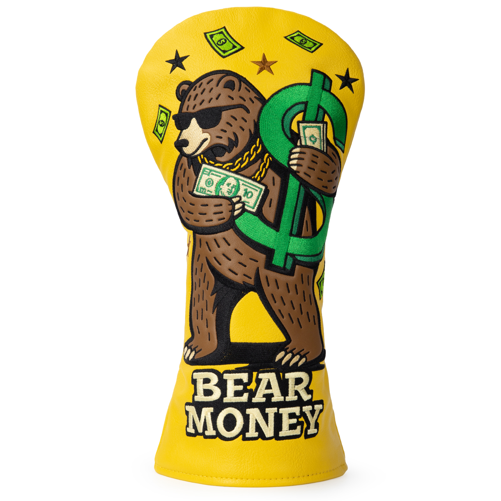 Close view of a yellow cover printed with a bear, dollar bills, stars, and large “BEAR MONEY” lettering.