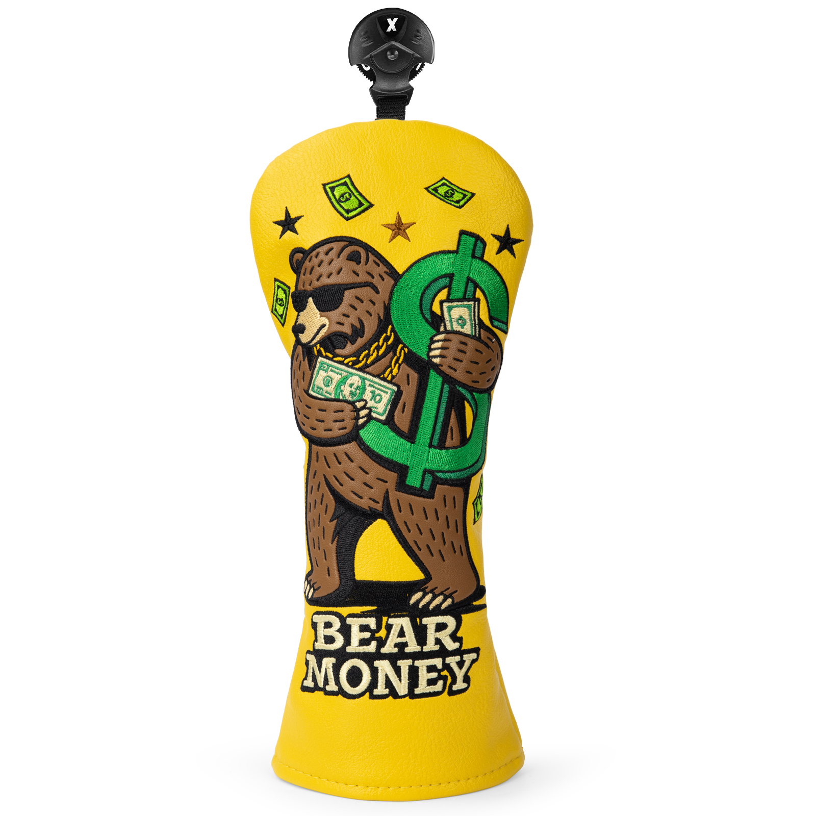 A single upright yellow cover features a cartoon bear, cash, stars, and the visible words “BEAR MONEY.”