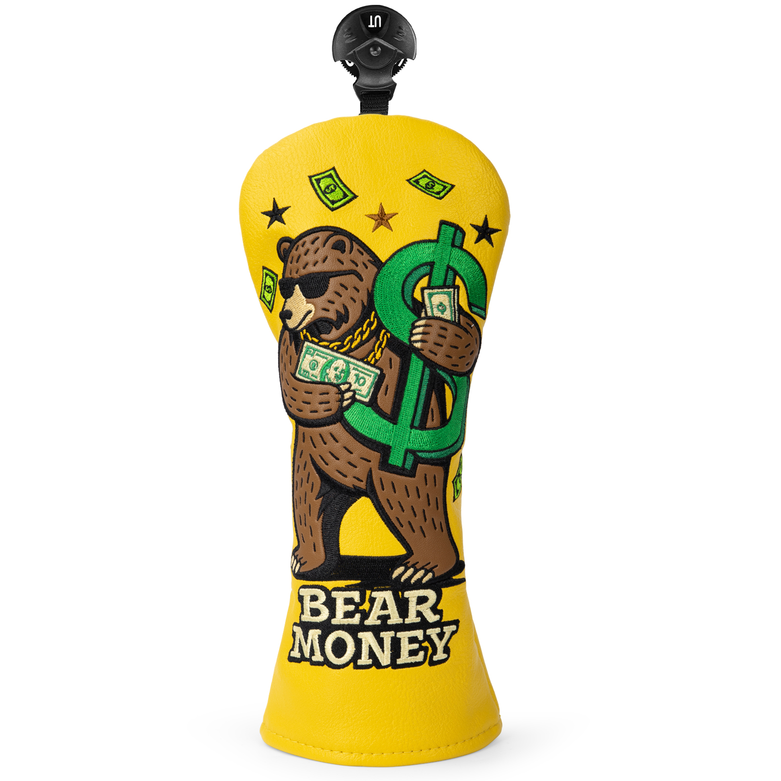 Angled view of the yellow bear illustration and “BEAR MONEY” lettering on a golf club cover.