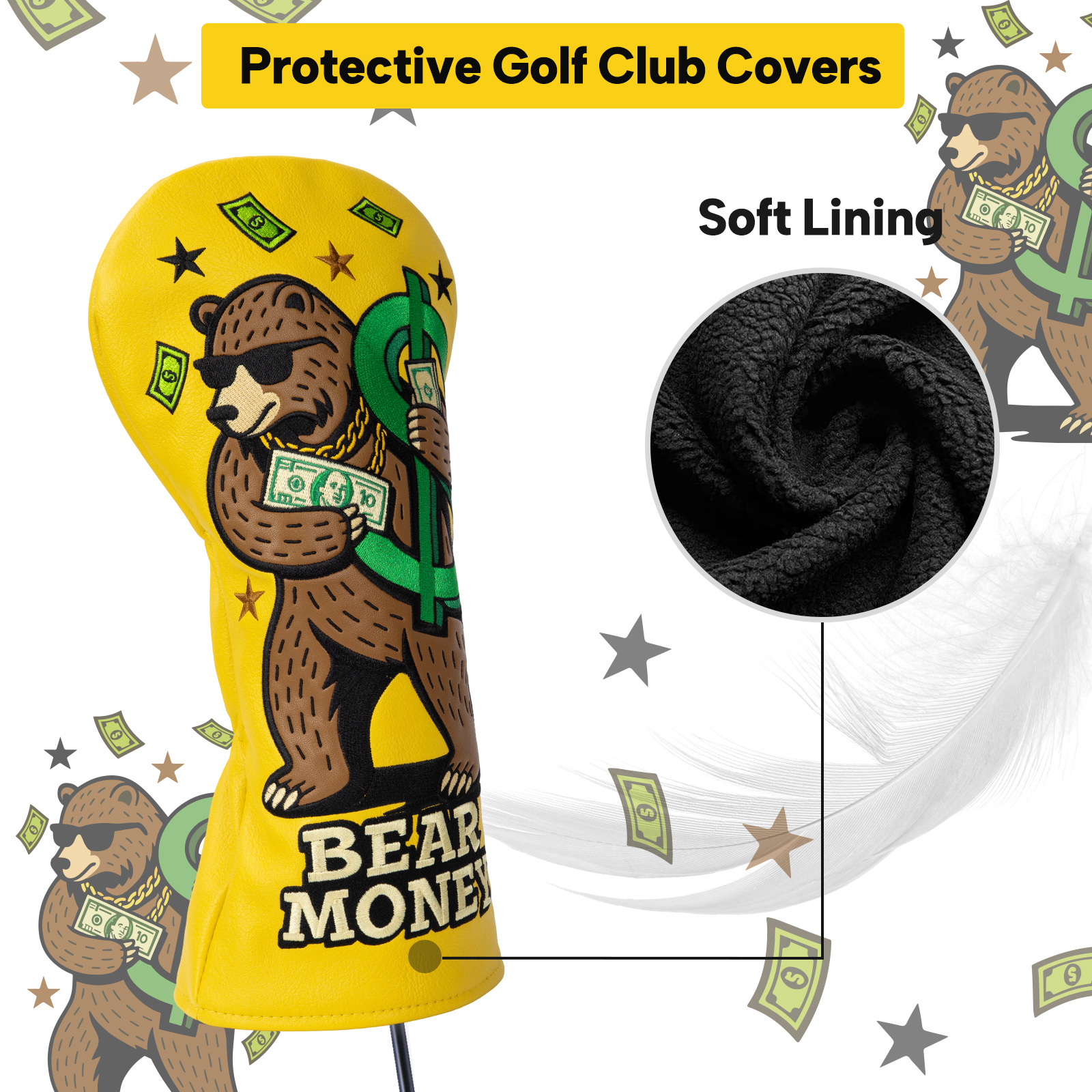 A product graphic pairs the yellow bear-print cover with a circular dark close-up and the visible heading “Protective Golf Club Covers.”