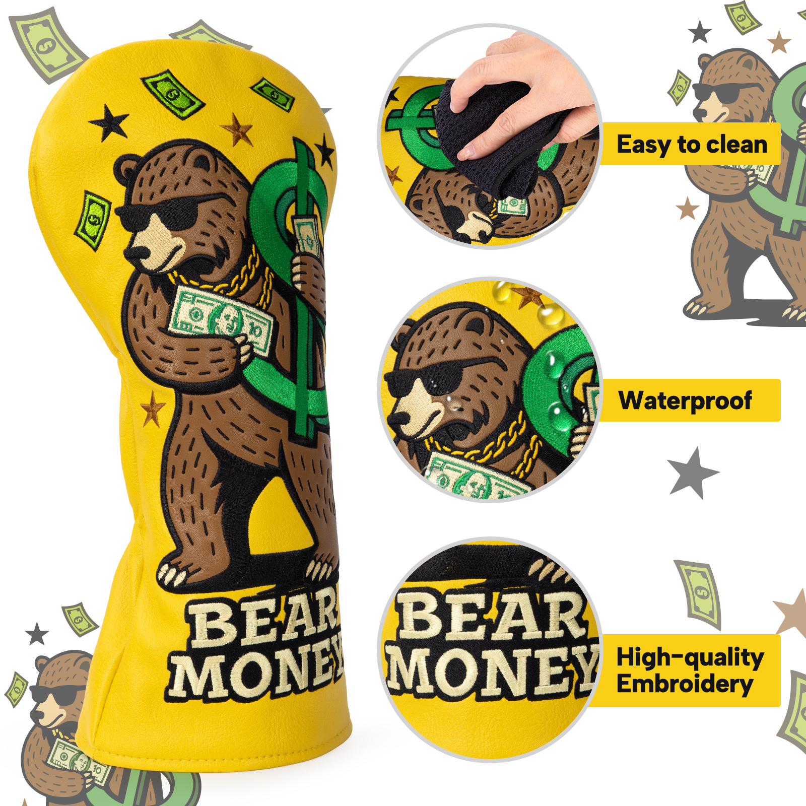 A yellow bear-print cover is shown with a hand and three circular detail insets labeled in the image.