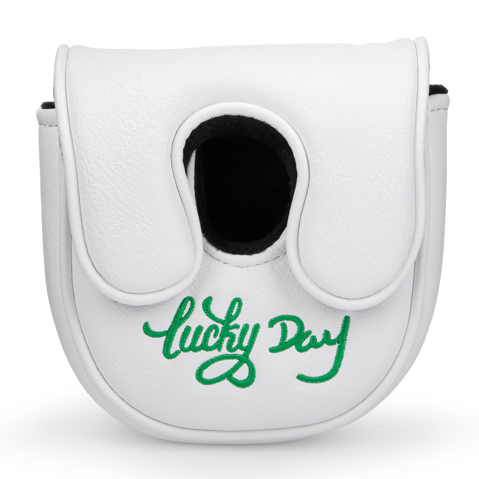 A front-facing white cover shows a black opening, green shamrock, and visible “Lucky Day” lettering.