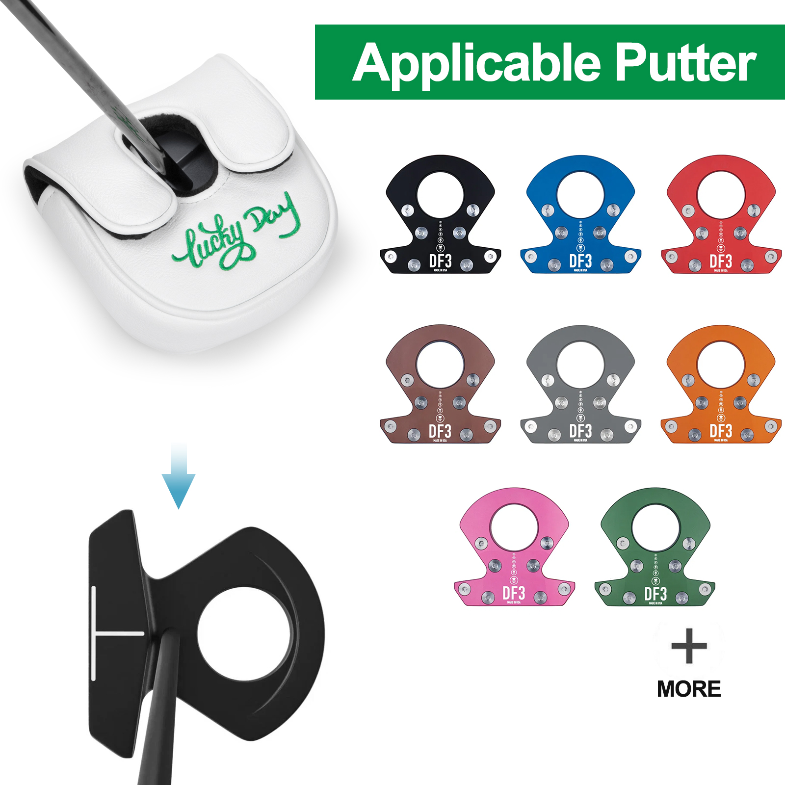 A product graphic shows the white shamrock cover with colored silhouettes and the visible heading “Applicable Putter.”