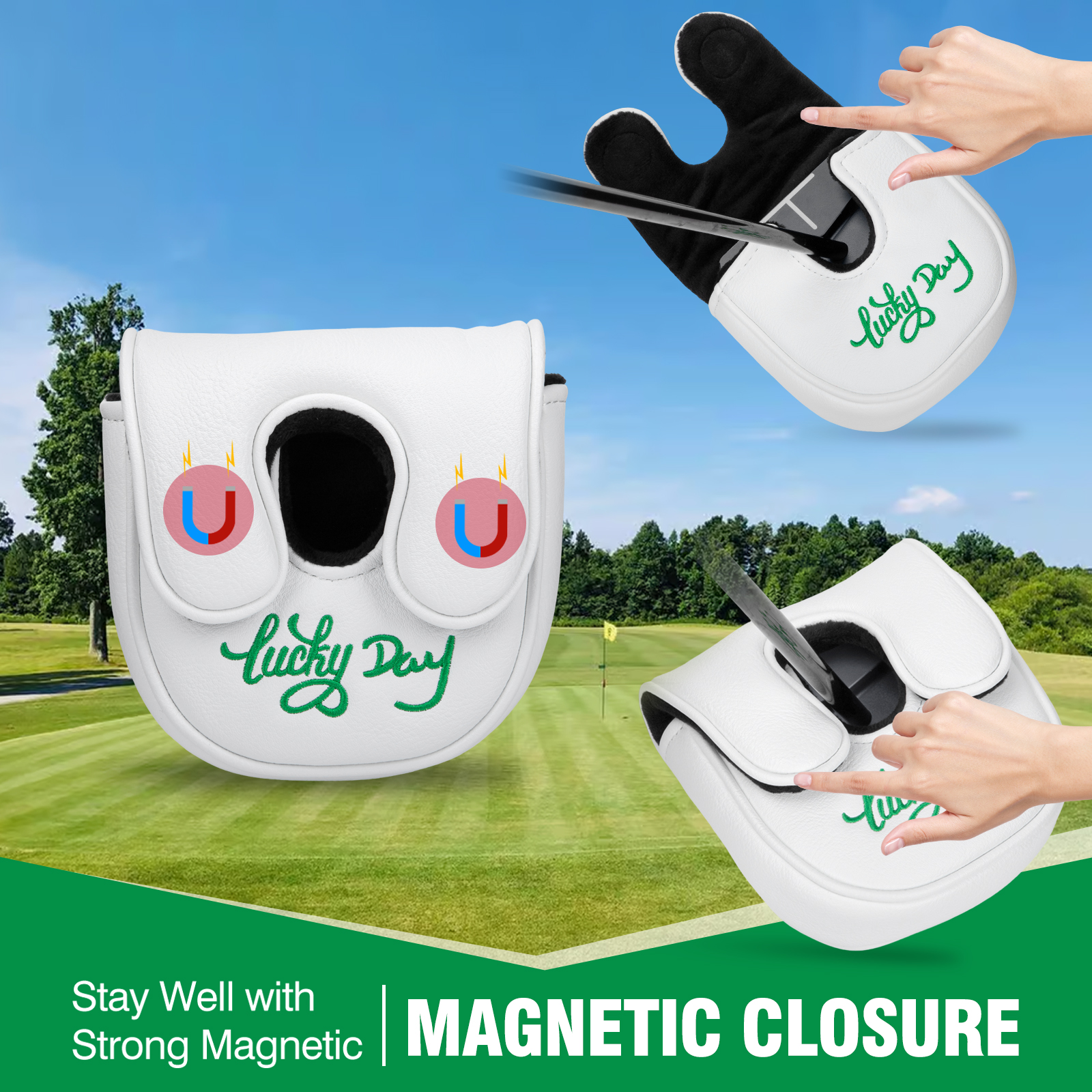 A graphic shows two white shamrock covers beside hand-held views and the visible caption “MAGNETIC CLOSURE.”