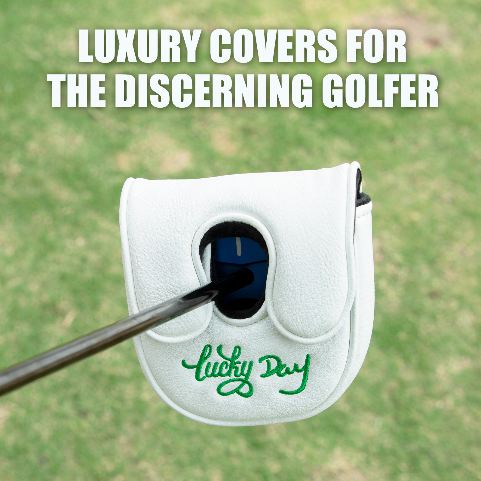 A white shamrock cover appears in a golf-course graphic beneath the visible headline “LUXURY COVERS FOR THE DISCERNING GOLFER.”