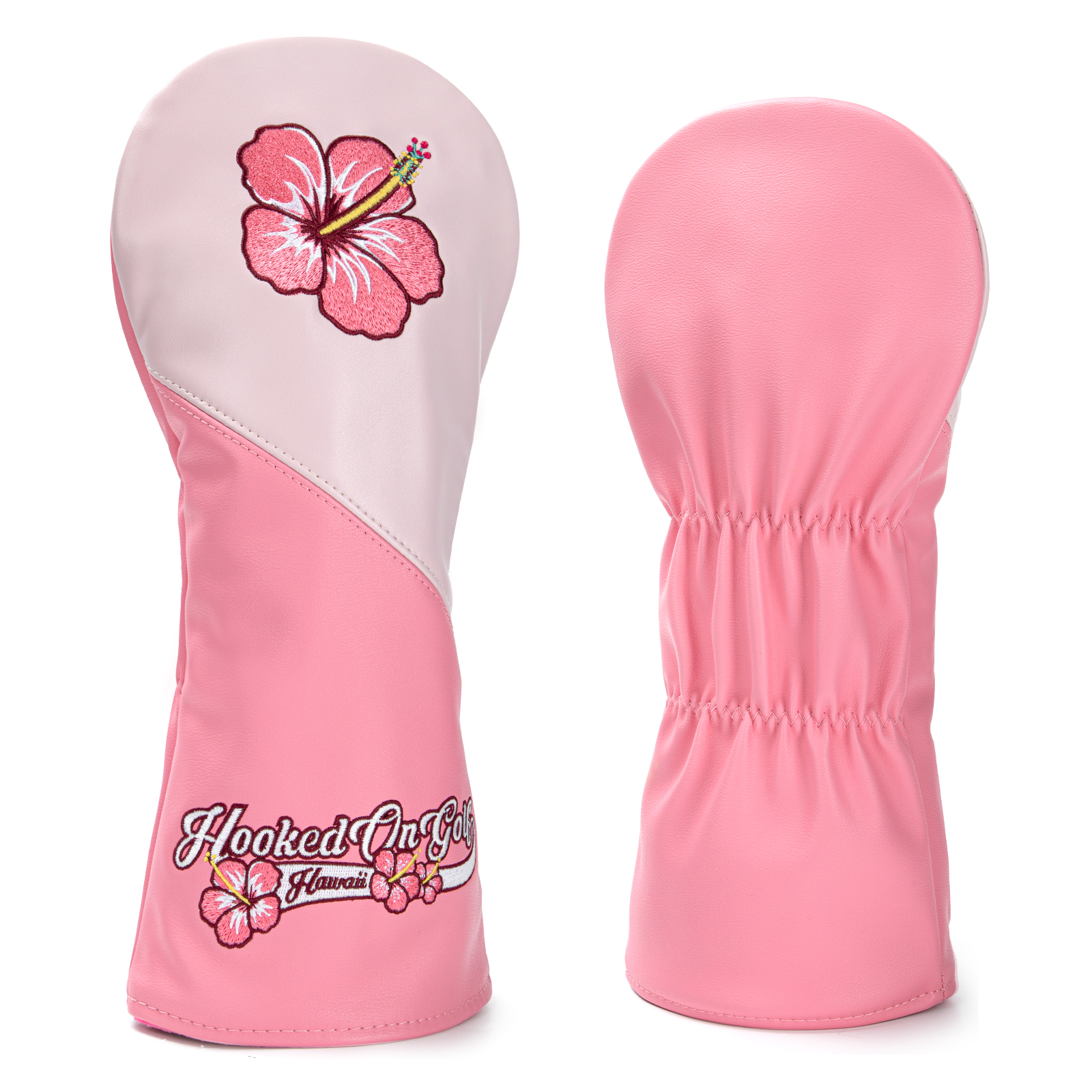 Front and reverse views of a pink cover with a hibiscus graphic and gathered back panel.