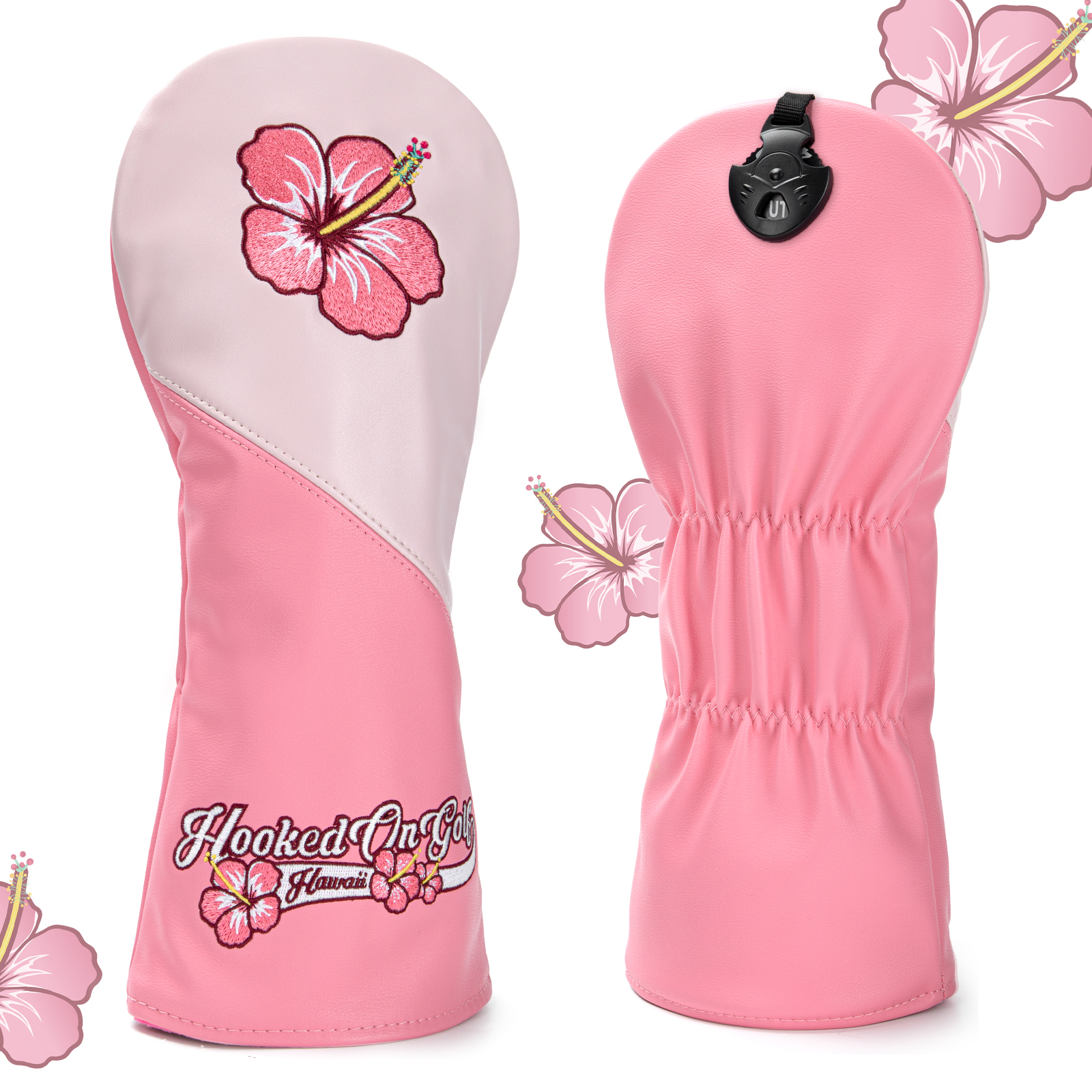 Front and back views of a pink hibiscus cover with decorative lettering near the lower edge.