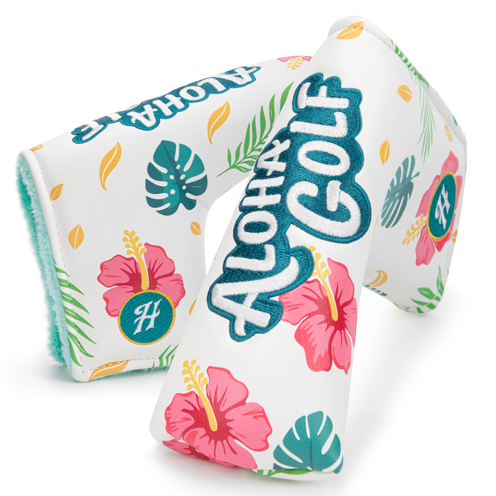 Two white blade-shaped covers printed with pink hibiscus flowers, teal leaves, and large teal “ALOHA GOLF” lettering.