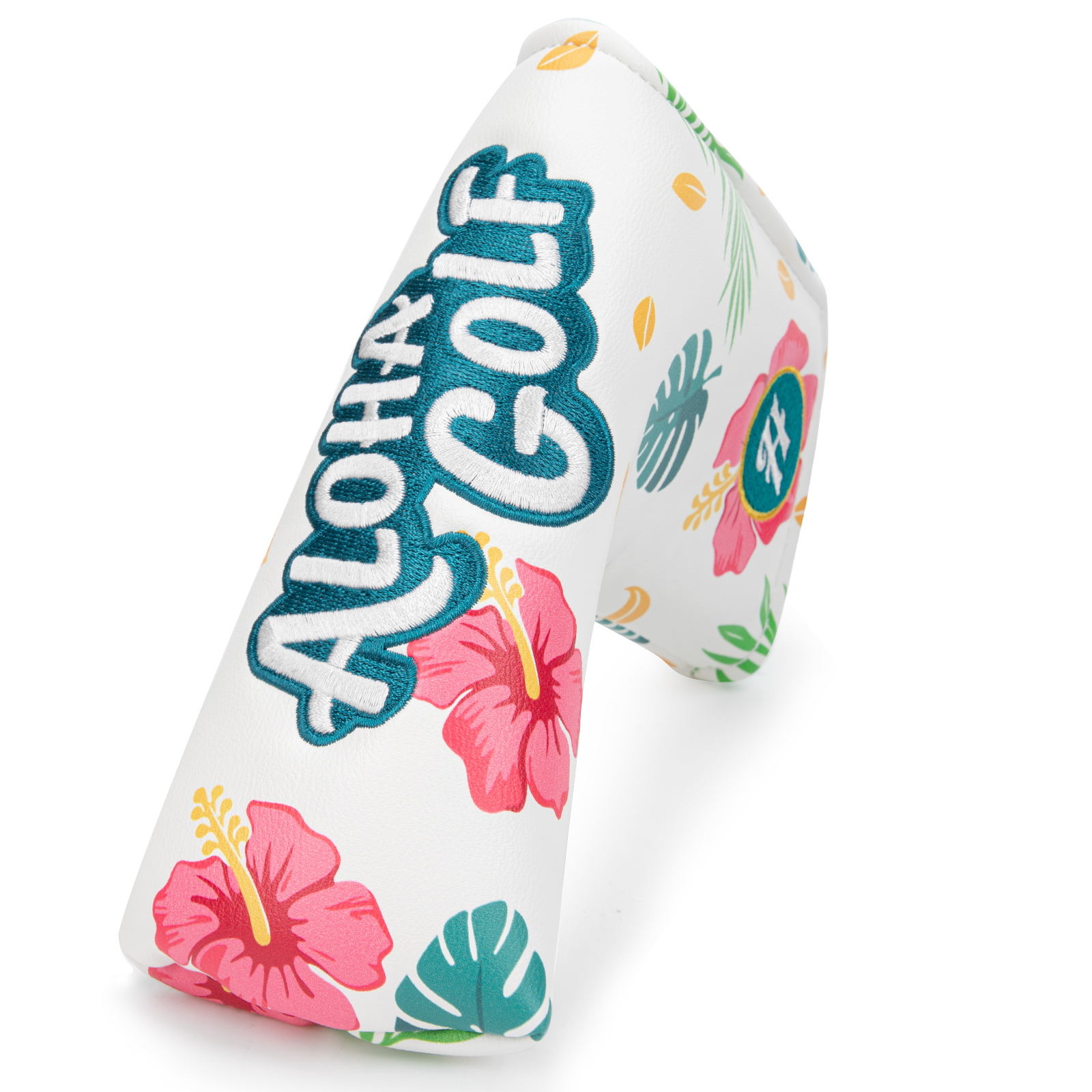 A white tropical-print cover with pink flowers and teal “ALOHA GOLF” lettering, shown upright.