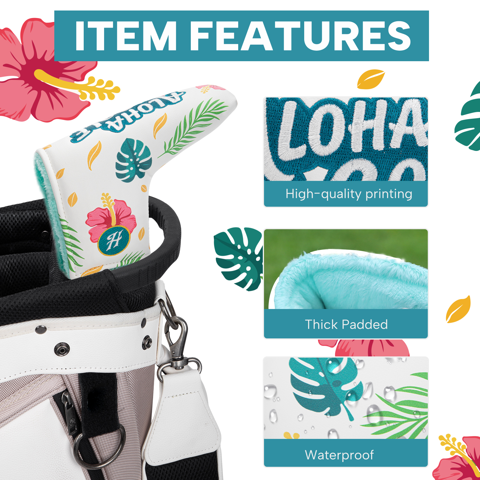 A product graphic shows the tropical-print cover and close-up panels beneath the visible heading “ITEM FEATURES.”