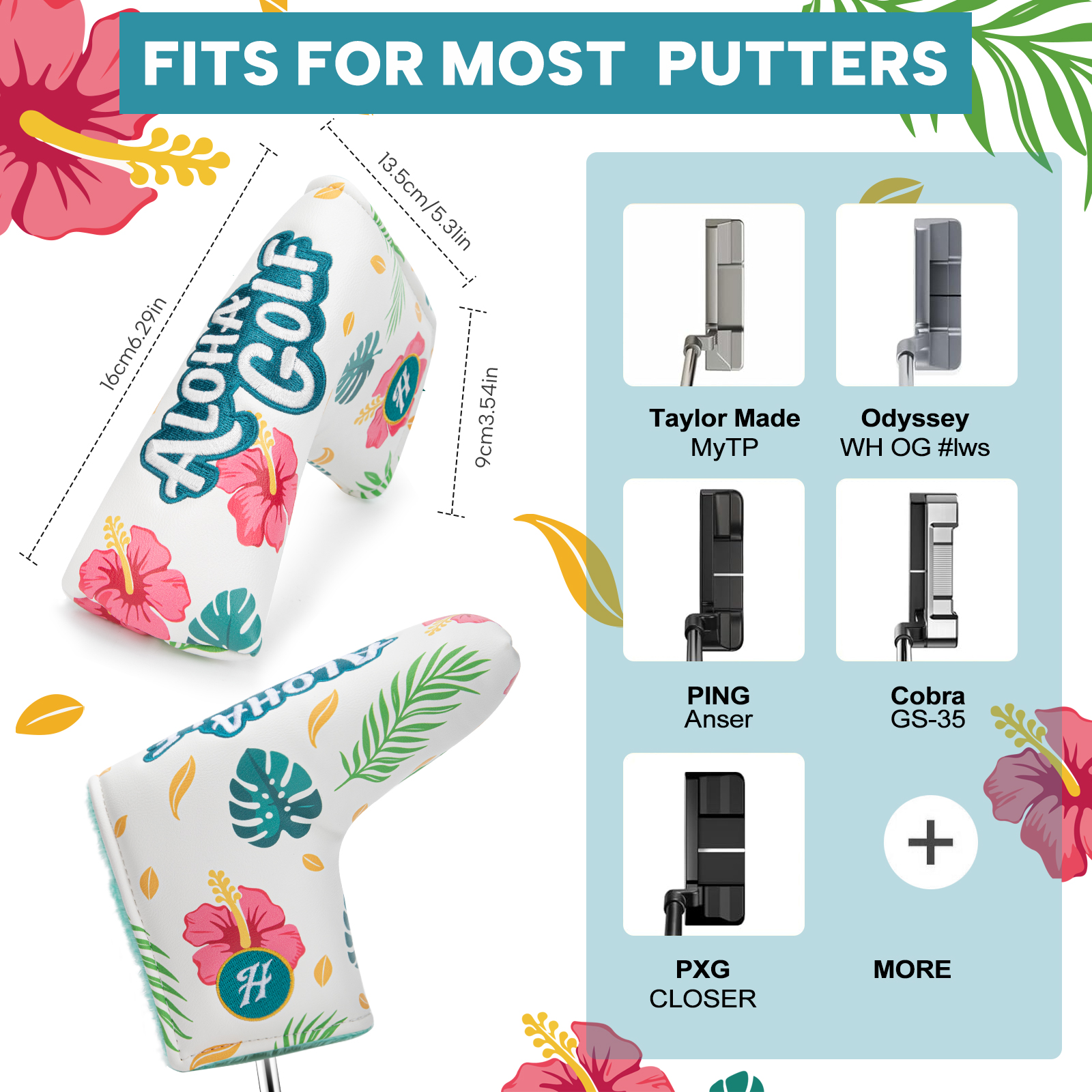 A graphic pairs the tropical-print cover with small club illustrations and the visible heading “FITS FOR MOST PUTTERS.”