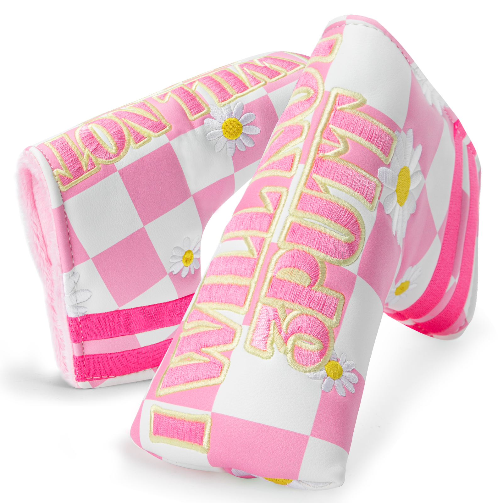 Two pink-and-white checkerboard blade covers with daisy graphics, shown from opposite sides.