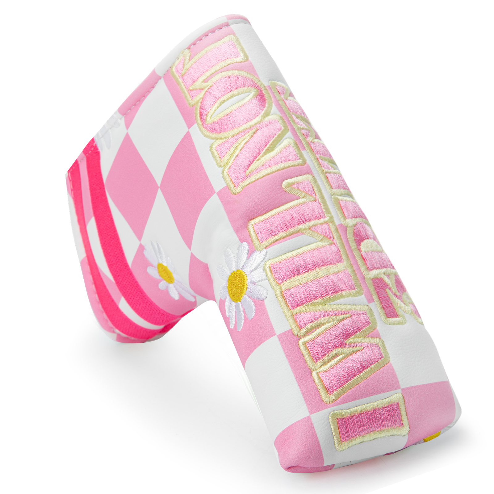 A pink-and-white checkerboard cover with daisy graphics, viewed from the front.