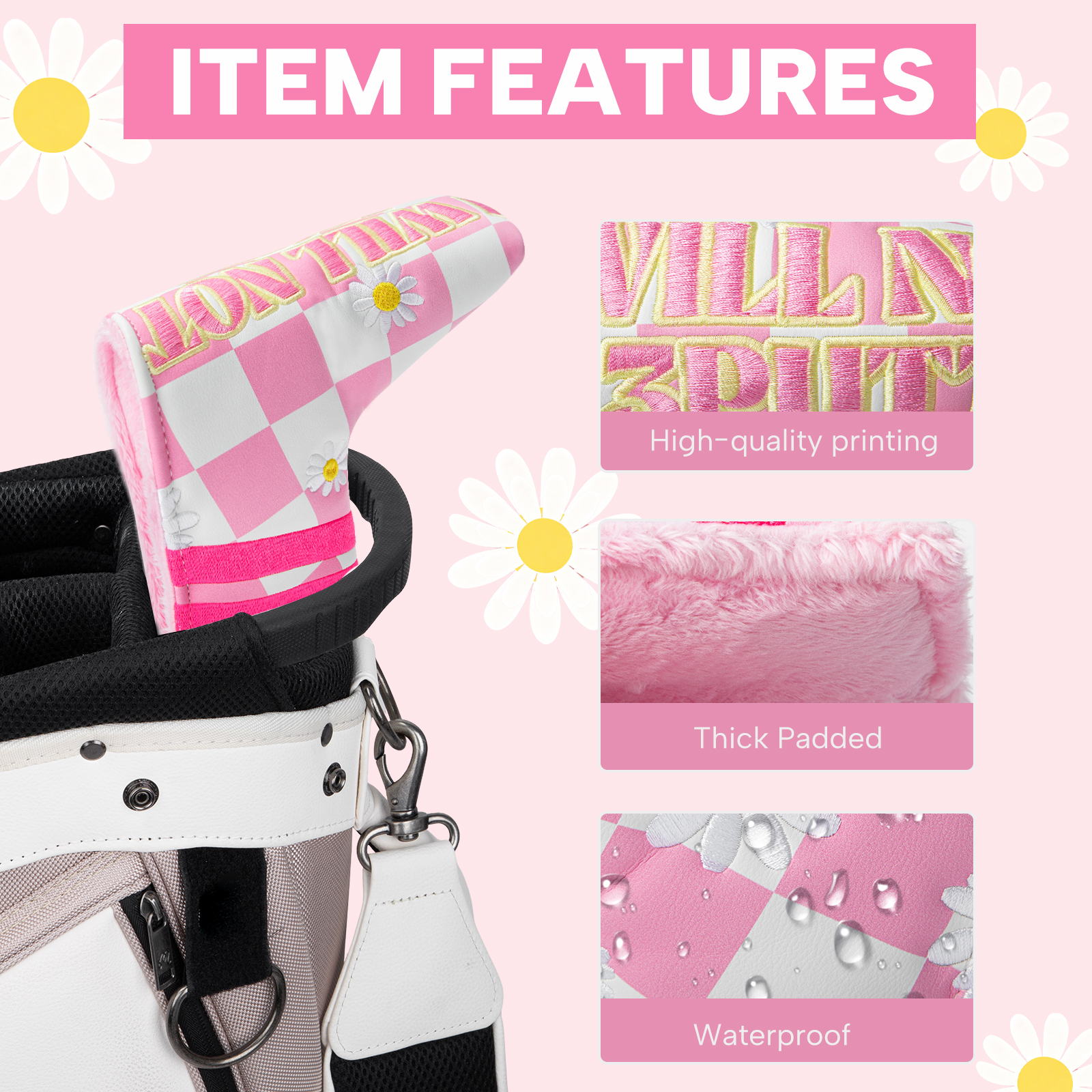 Front and reverse views of a pink-and-white checkerboard cover decorated with daisies.