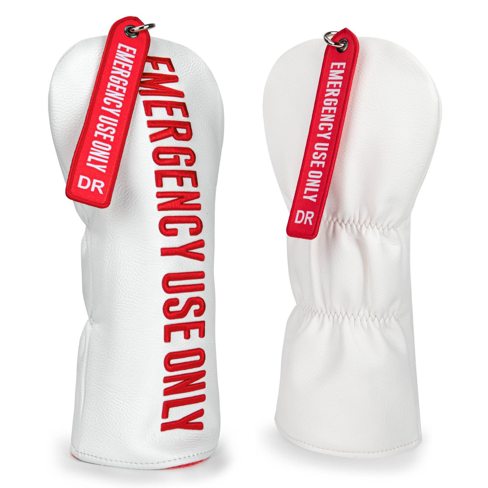 Front and back views of a white cover; its red band bears the visible text “EMERGENCY USE ONLY,” with a gathered opening shown on the reverse.