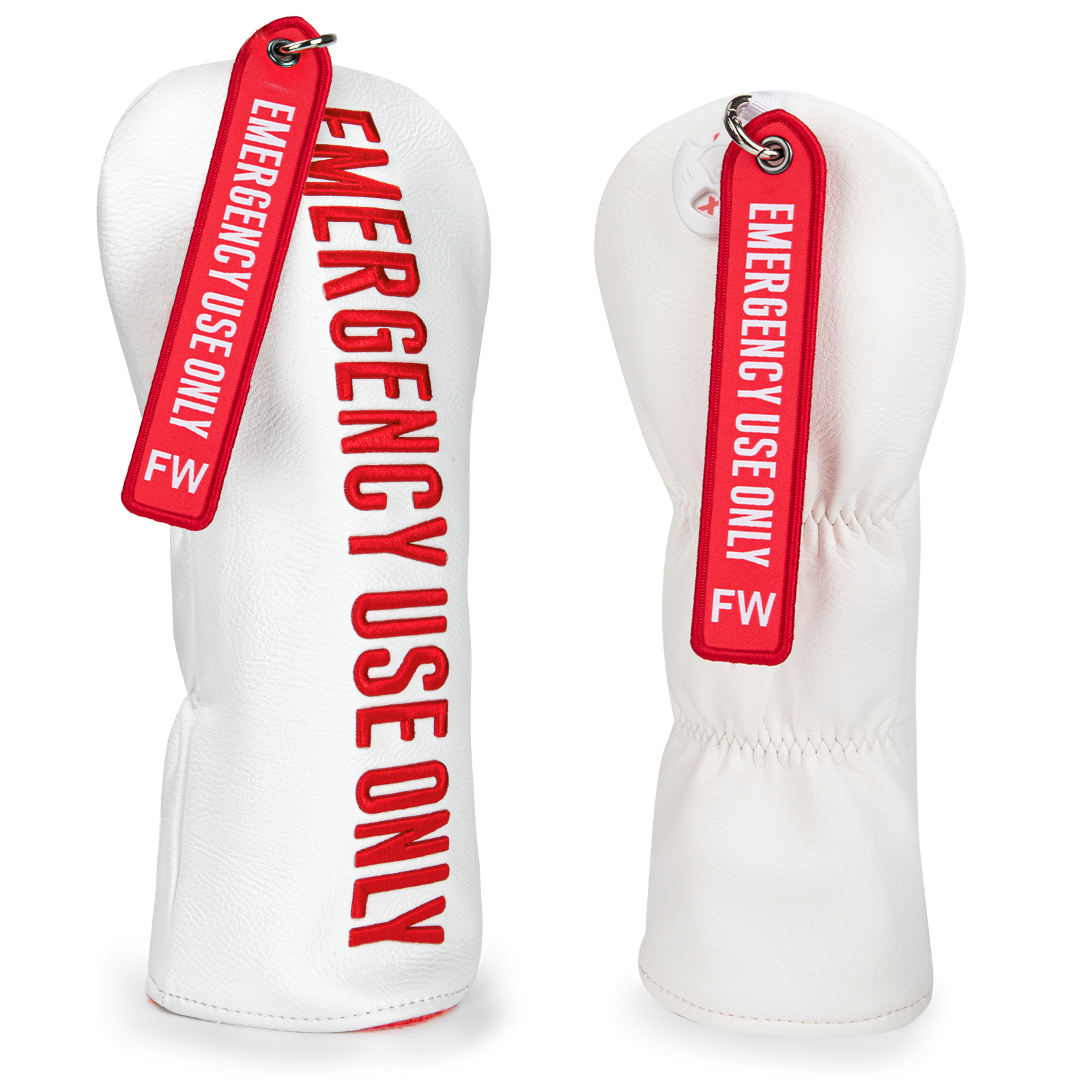 Two white covers shown from the front and back, with vertical red bands labeled “EMERGENCY USE ONLY” and short club-letter tabs.