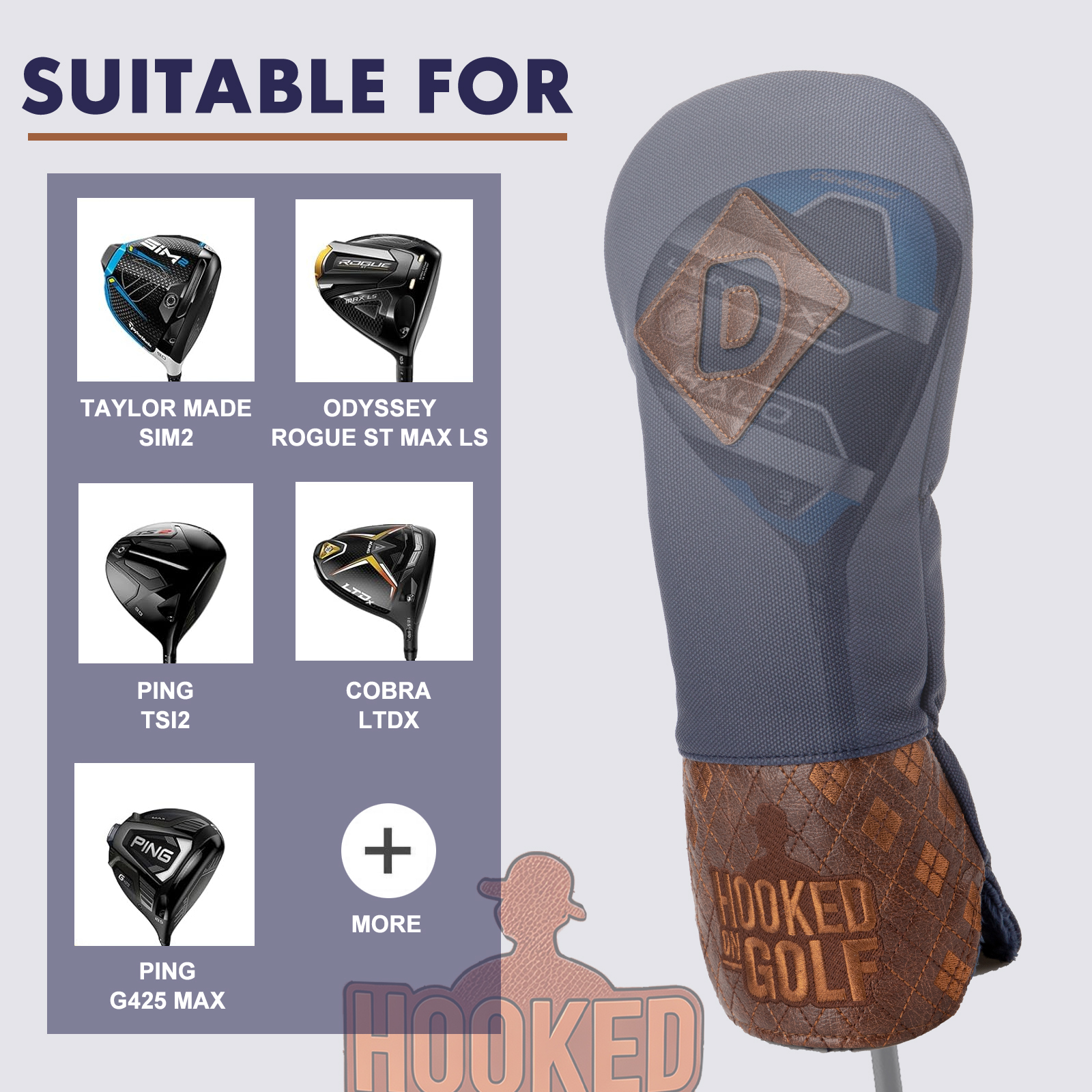 A product graphic shows a navy cover beside small club illustrations and the visible heading “SUITABLE FOR.”