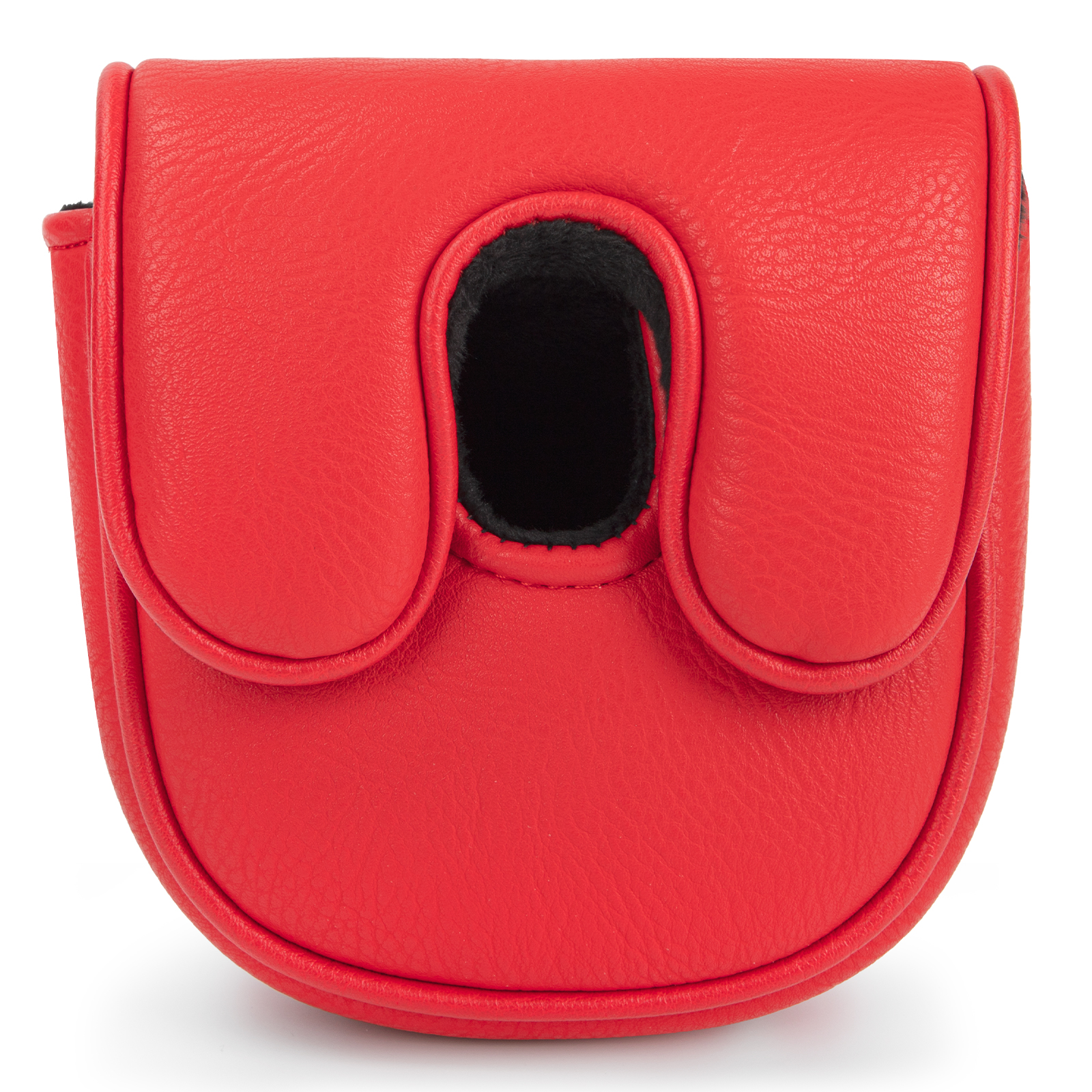 A red cover viewed from the back shows a central black opening framed by two curved flaps.