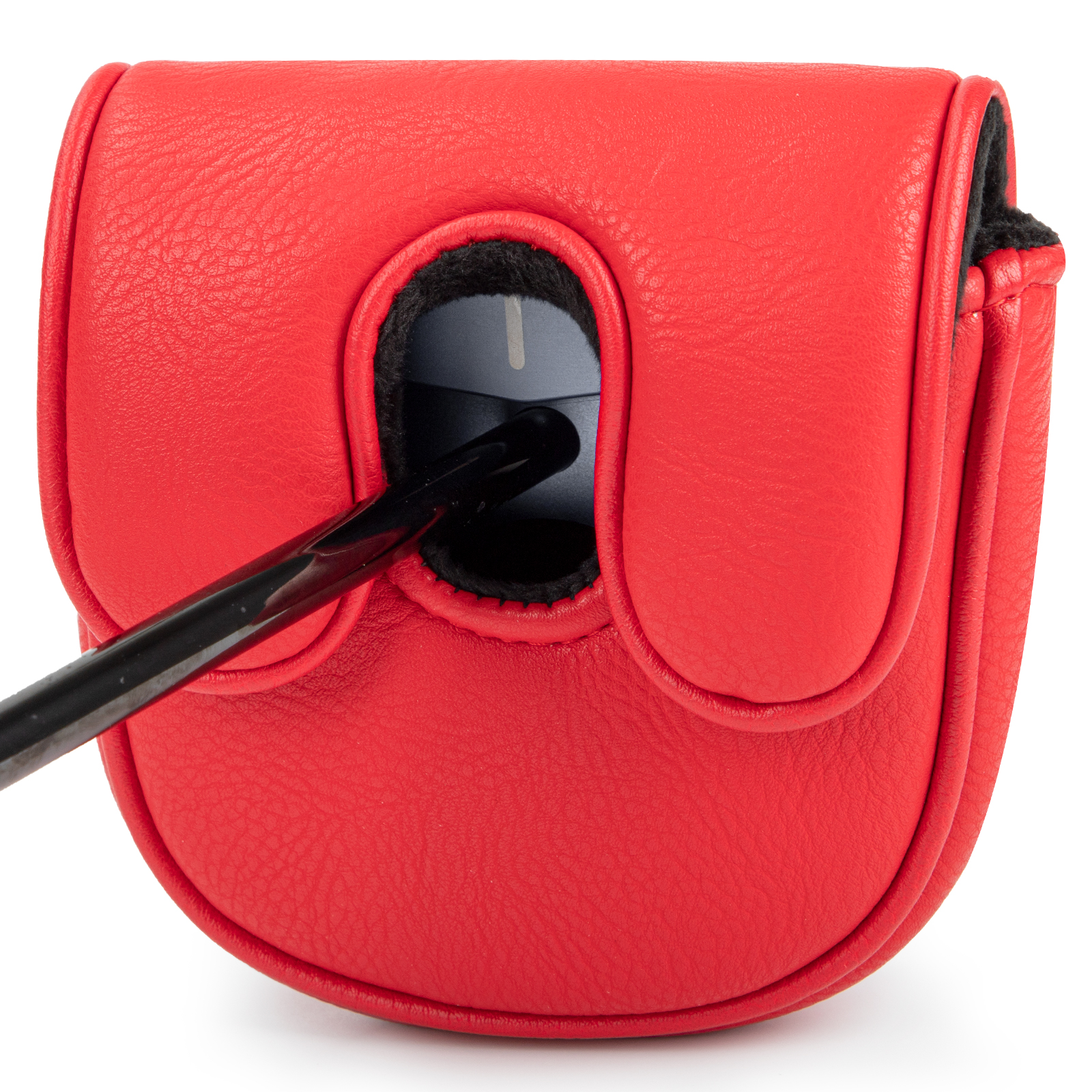 A red cover is shown with a golf-club shaft passing through its central black opening.