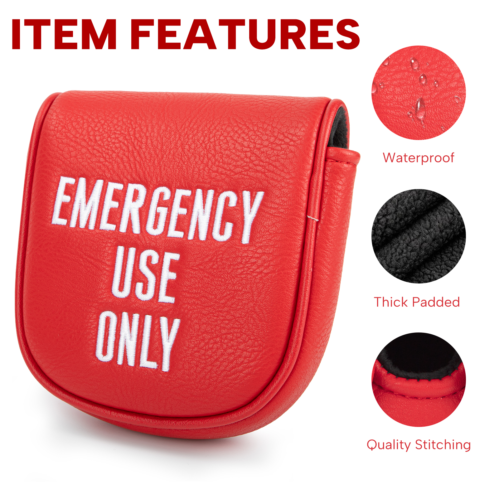 A red cover with “EMERGENCY USE ONLY” lettering appears in a graphic beneath the visible heading “ITEM FEATURES.”