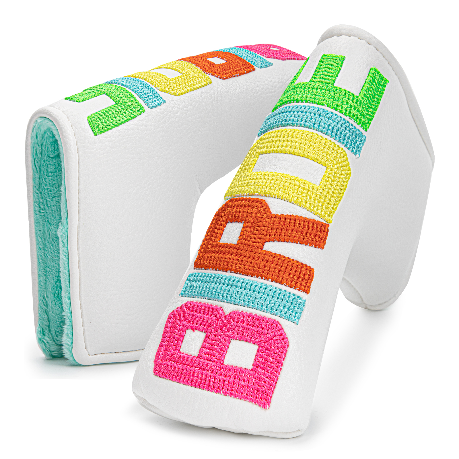 Two white blade-shaped covers display raised block letters in bright pink, orange, yellow, green, and turquoise.