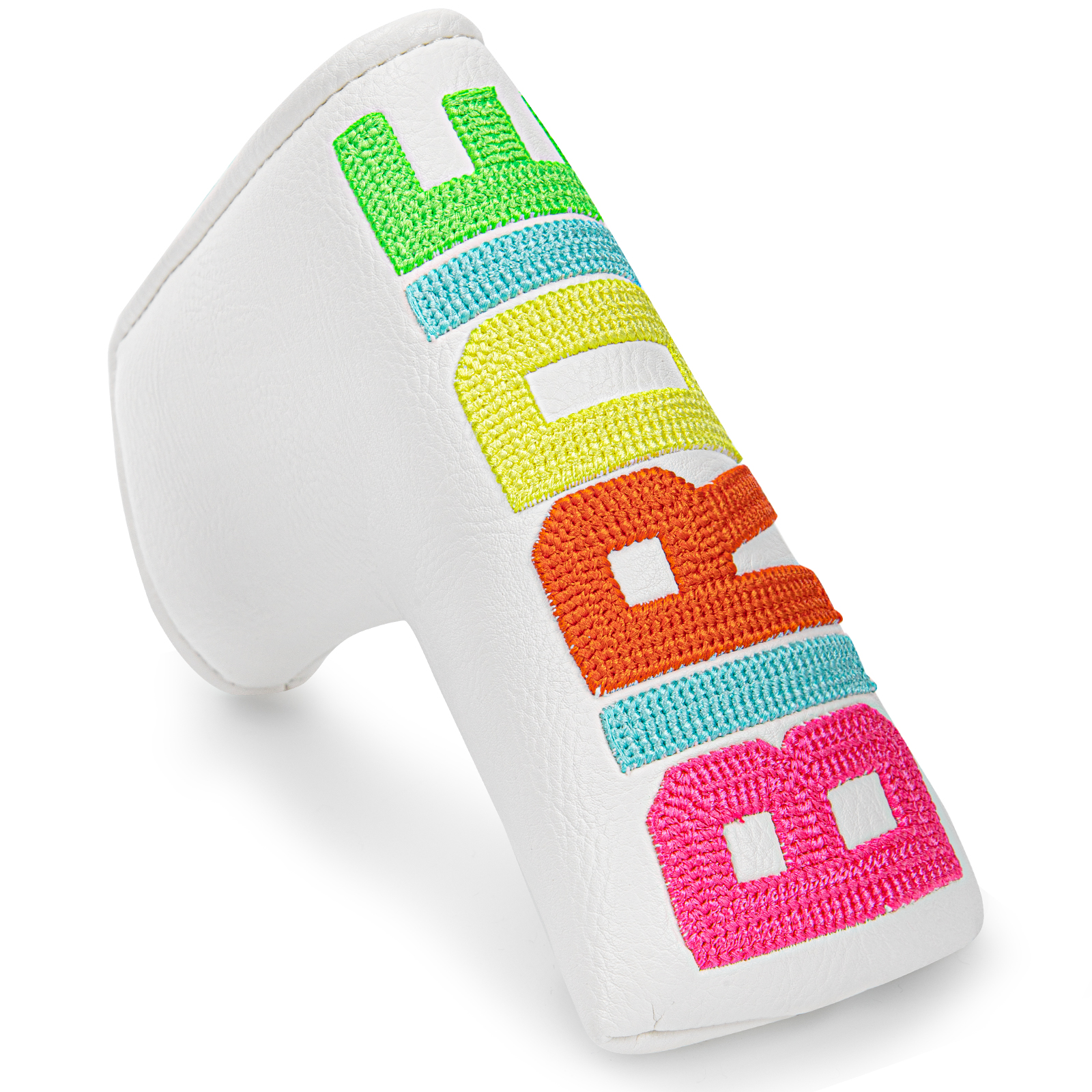 A white cover shown at an angle, with colorful raised block lettering down its front.